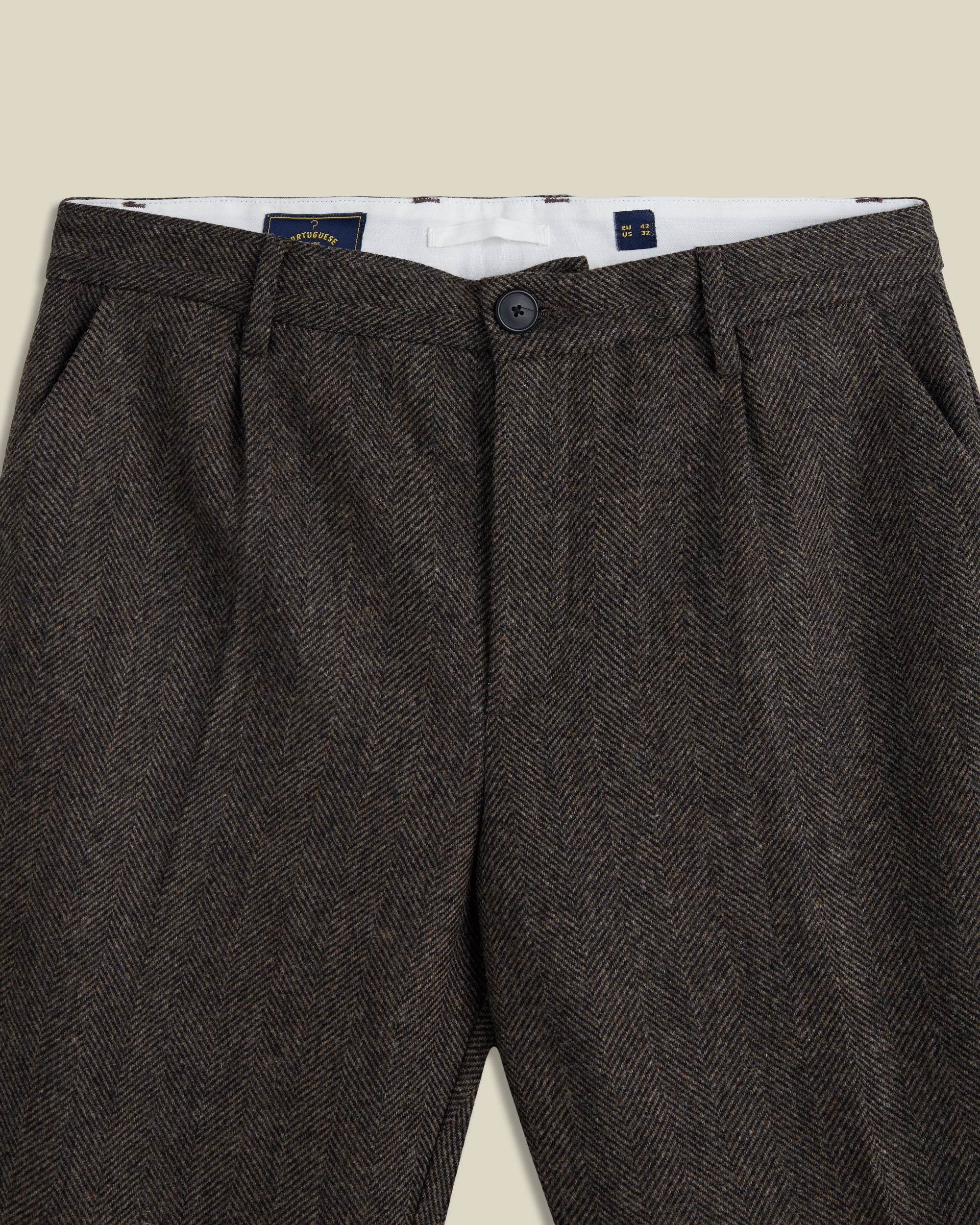 Portuguese Flannel - Single Pleat Trouser in Brown Wool Herringbone