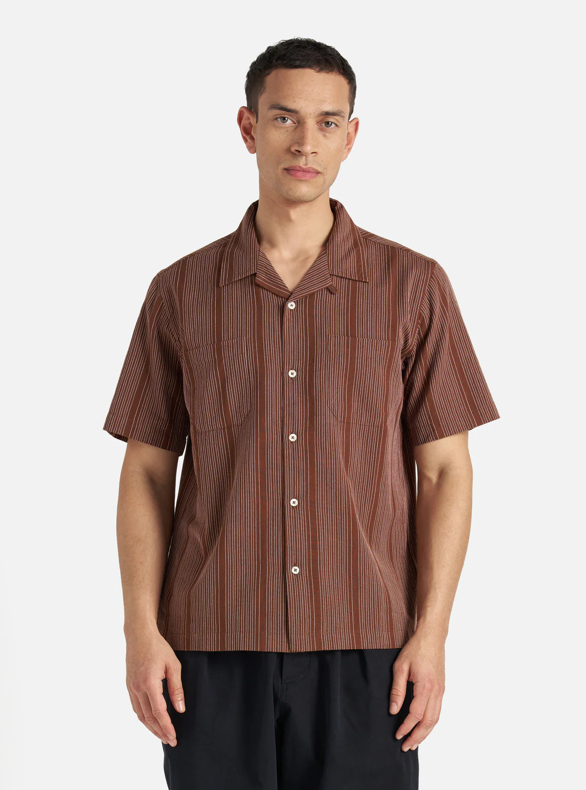 Universal Works - Sal Road Shirt in Brown Kantha Stripe
