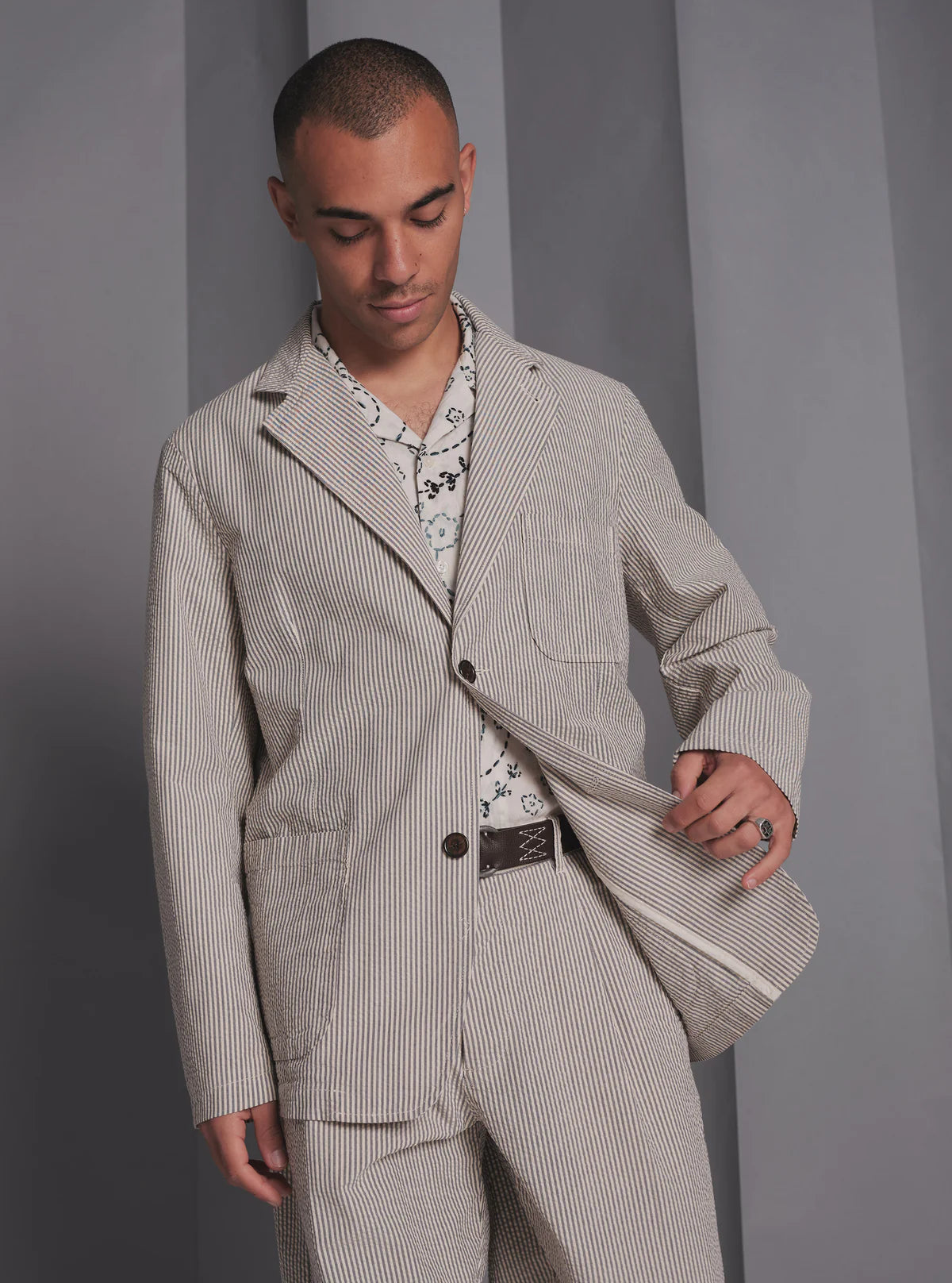 Universal Works - Two Button Jacket in Grey Derby Stripe