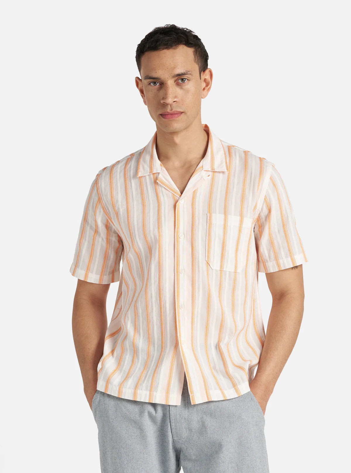 Universal Works - Road Shirt in White/Orange Fans Stripe Cotton