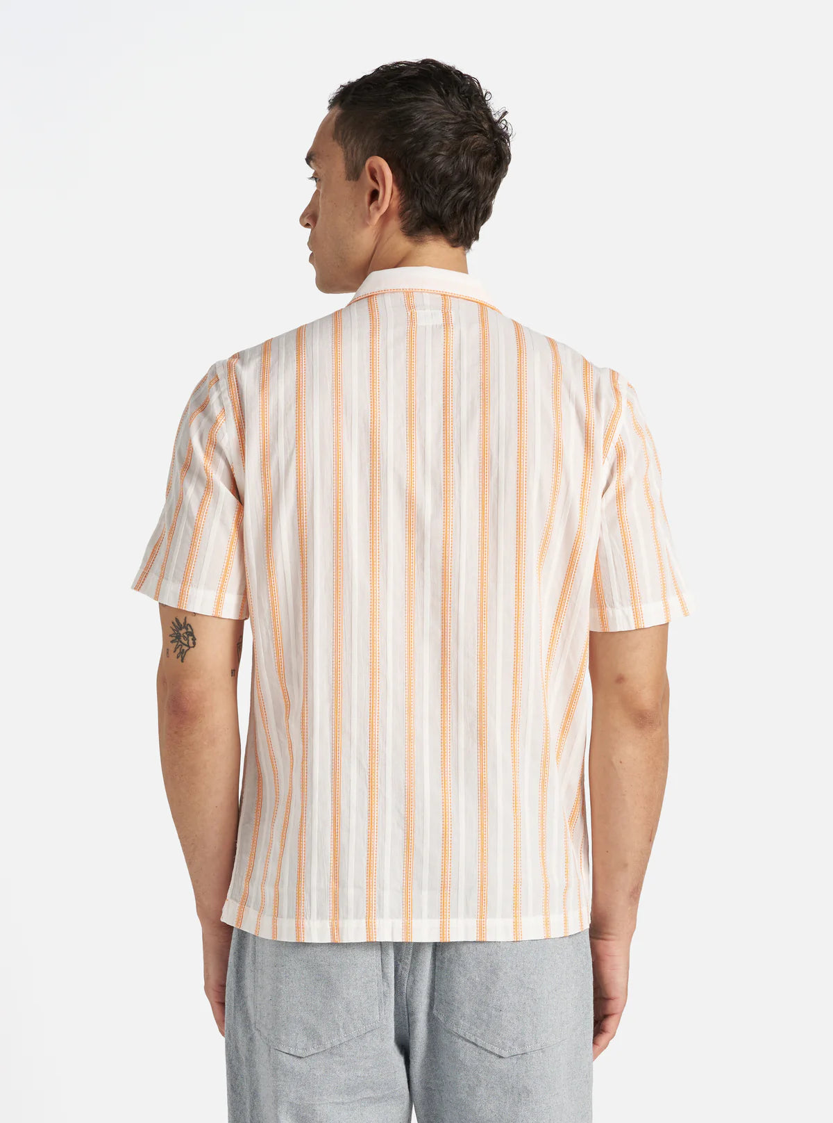 Universal Works - Road Shirt in White/Orange Fans Stripe Cotton