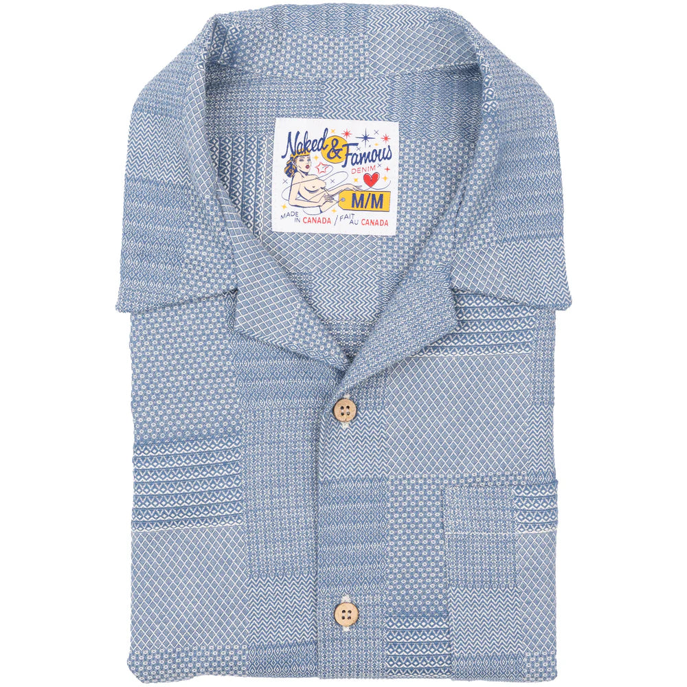 Naked & Famous - Aloha Shirt: Dobby Patchwork in Pale Blue