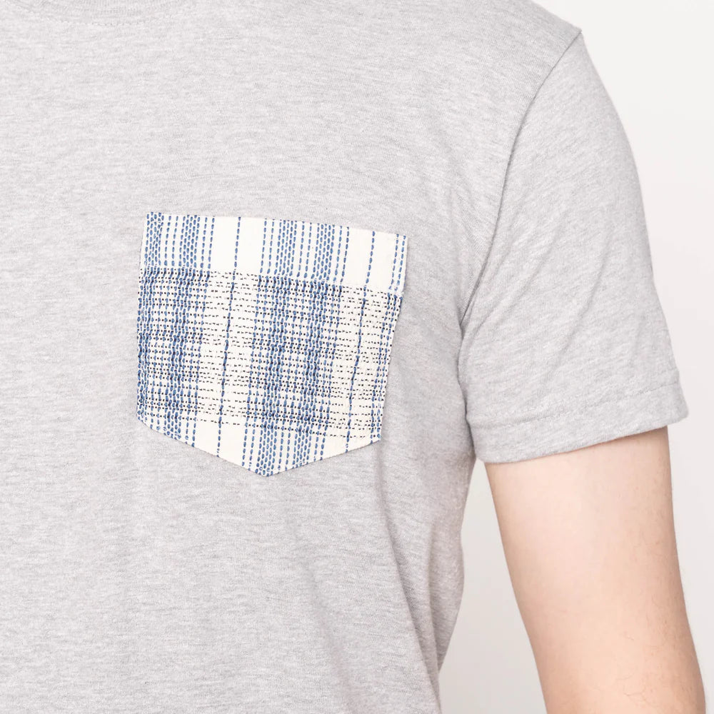 Naked & Famous - Pocket Tee: Asagi Sashiko in Heather Grey