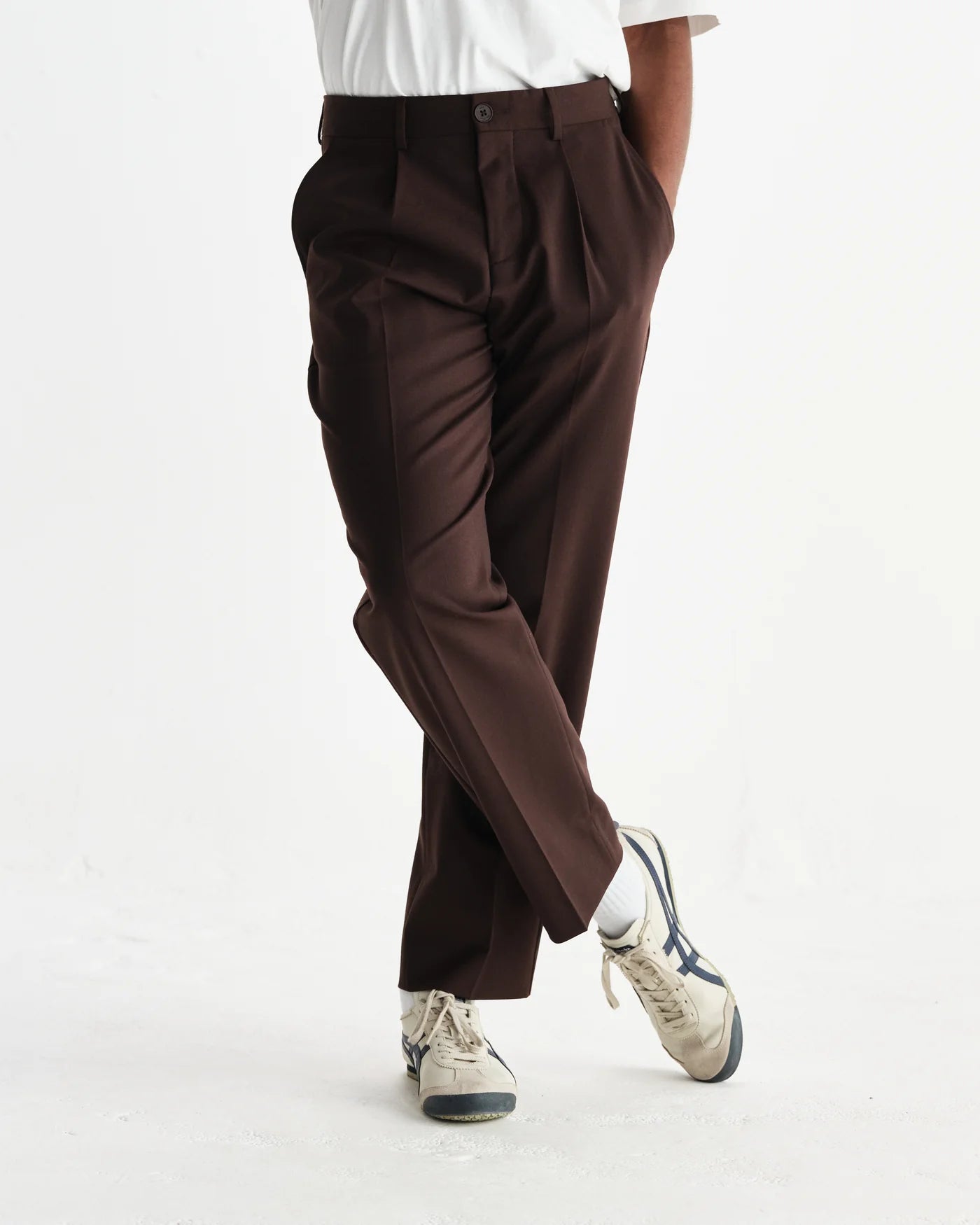 Wax London - Aubyn Dark Brown Wool Blend Twill Pleated Trousers