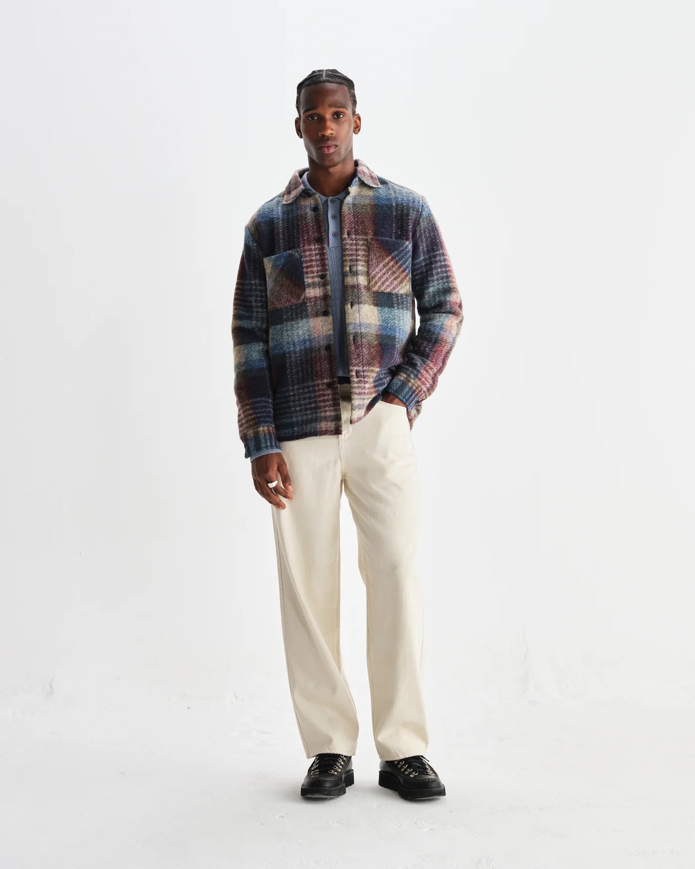 Wax London - Whiting Blue And Multicolour Wool Check Overshirt