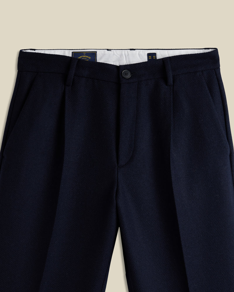 Portuguese Flannel - Single Pleat Trousers in Navy Wool
