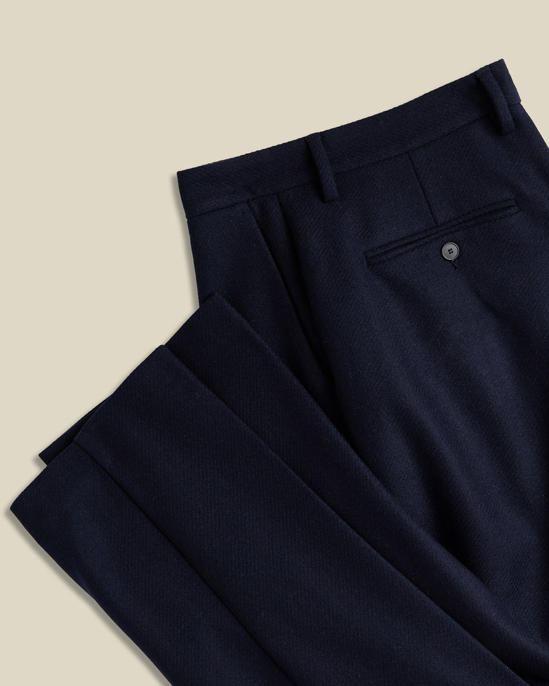 Portuguese Flannel - Single Pleat Trousers in Navy Wool