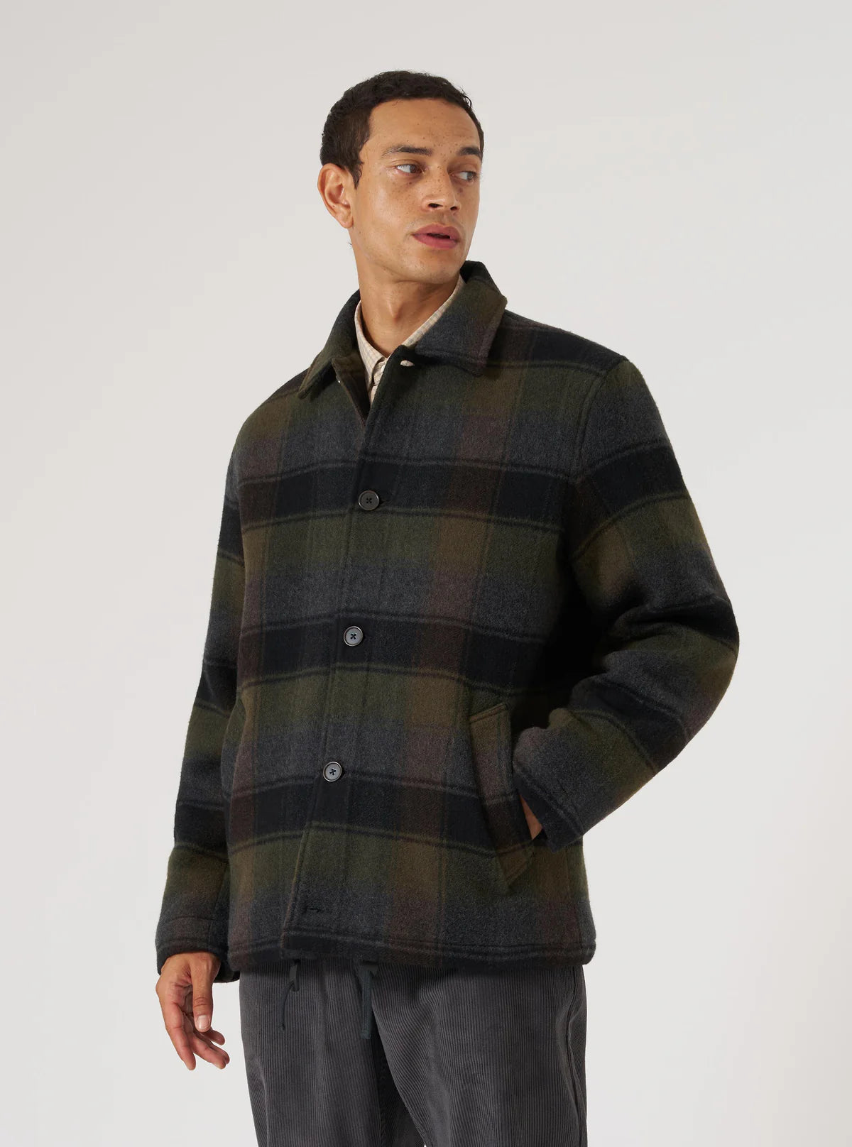 Universal Works - Berlin Wool Check Wayfarer Jacket in Black/Brown