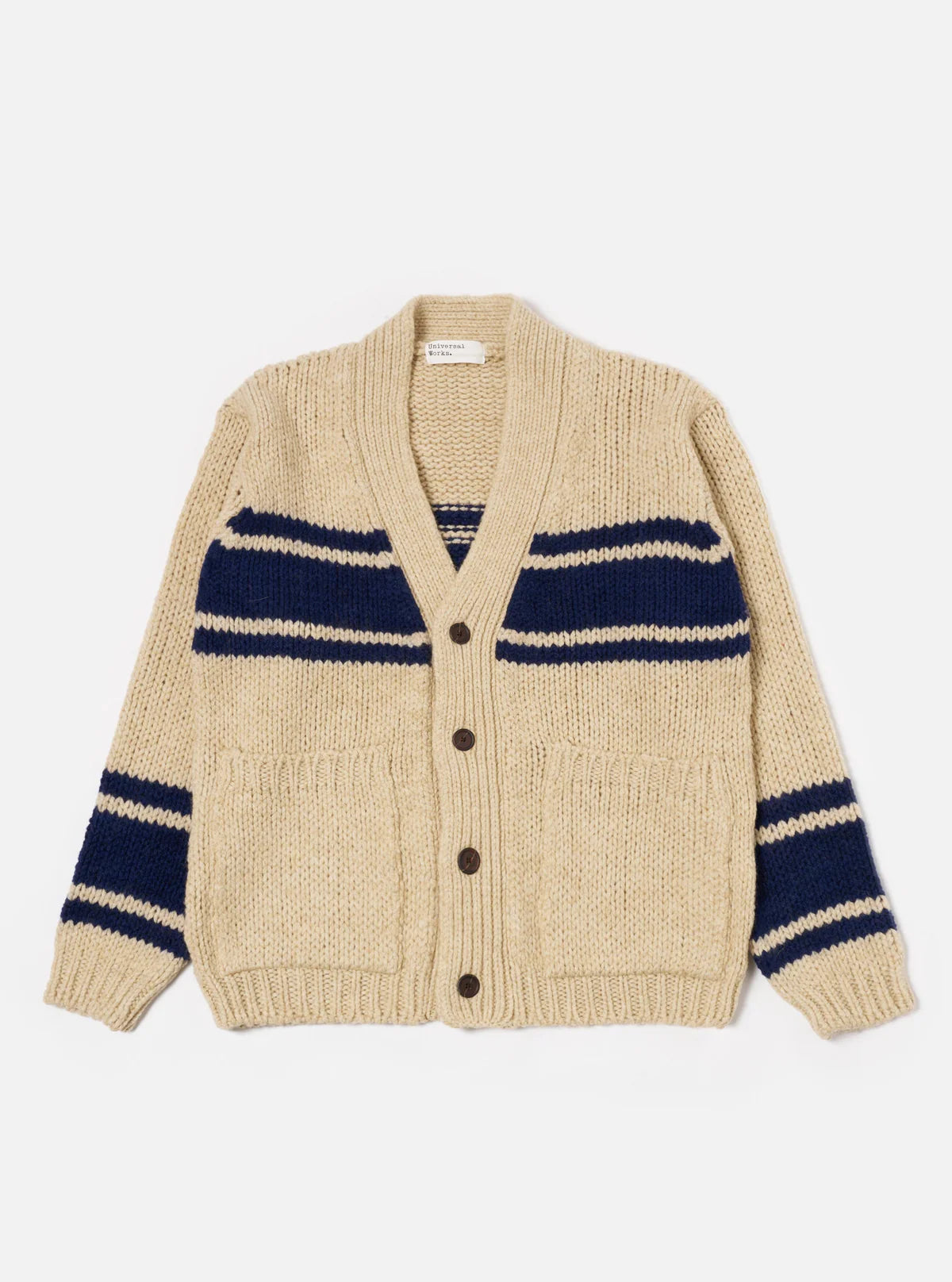 Universal Works - Langdale Cardigan Sand Chunky Knit Stripe