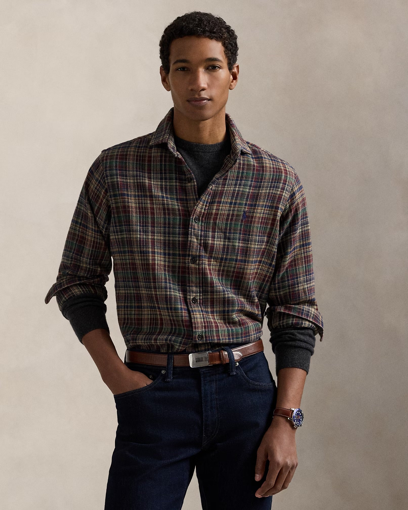 Polo Ralph Lauren - Classic Fit Plaid Brushed Flannel Shirt in Wine/Khaki