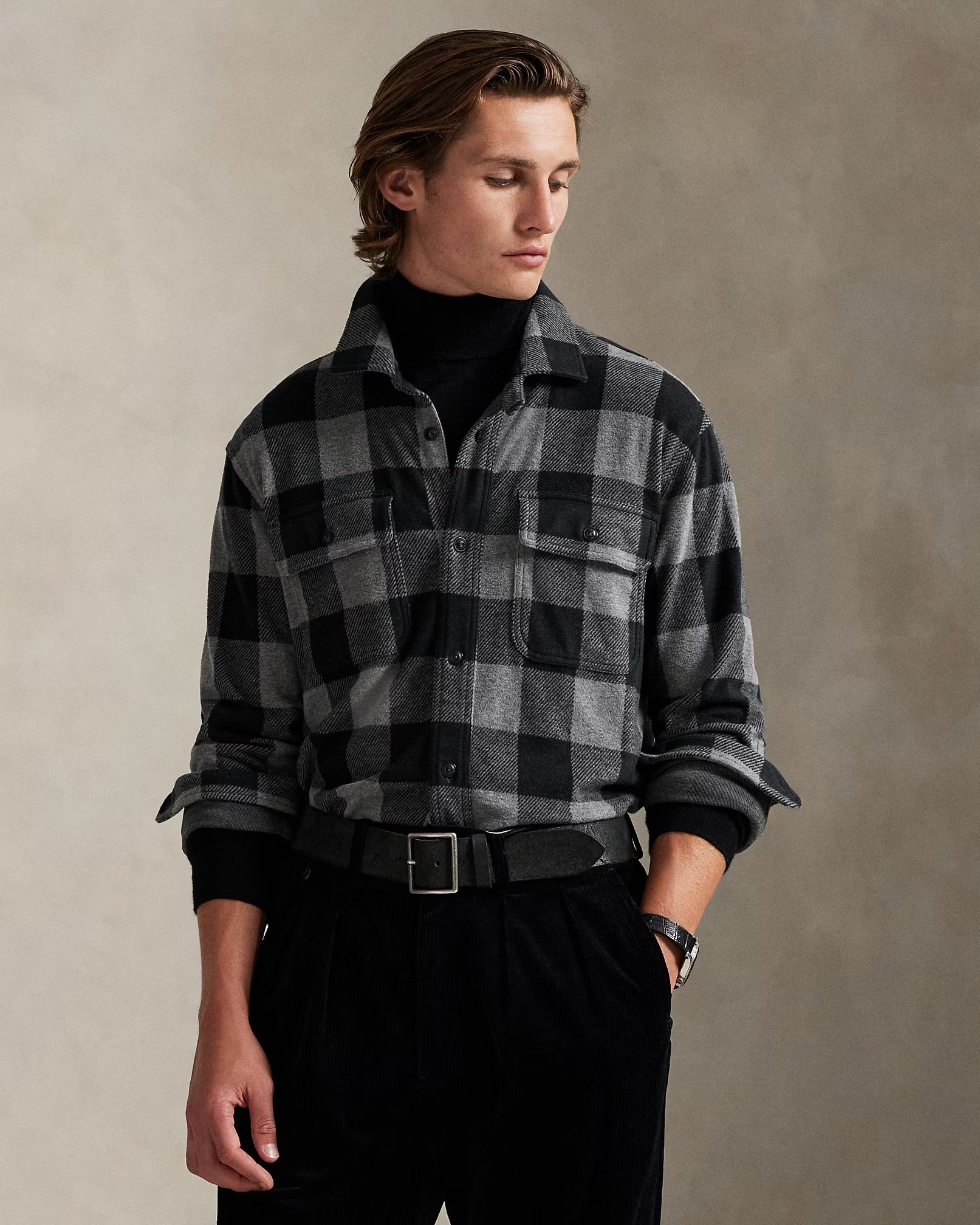 Polo Ralph Lauren - Knit Flannel Overshirt in Black/Grey Plaid