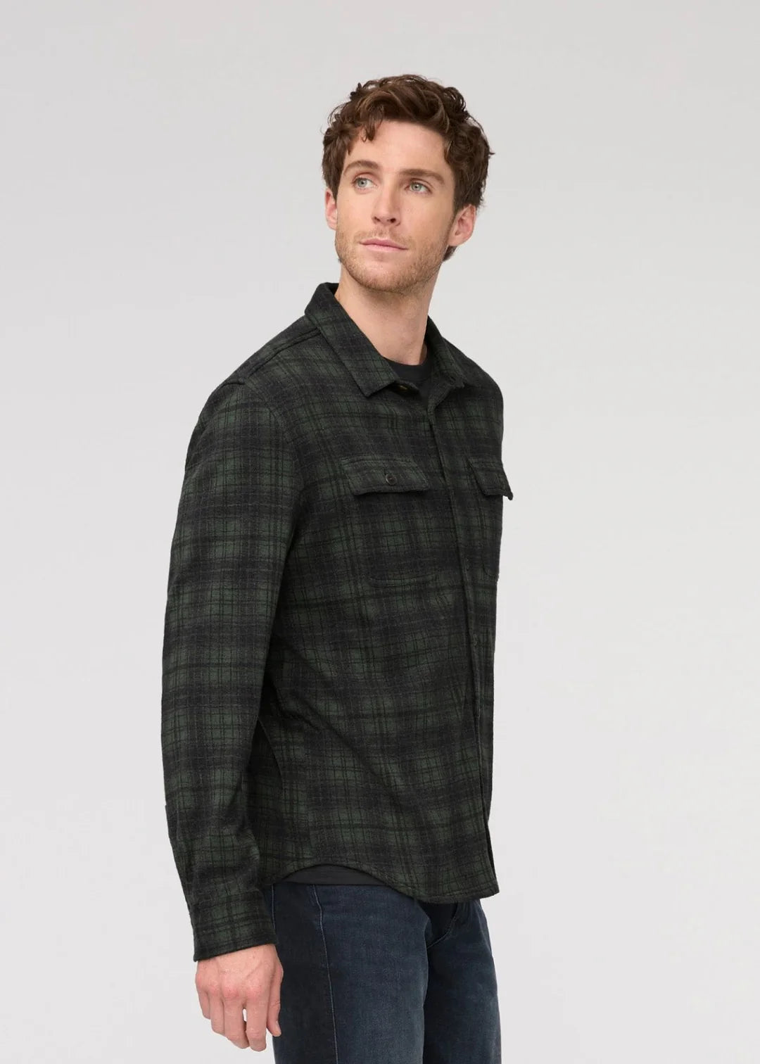DUER - Performance Flannel Button Down in Heather Peat Plaid