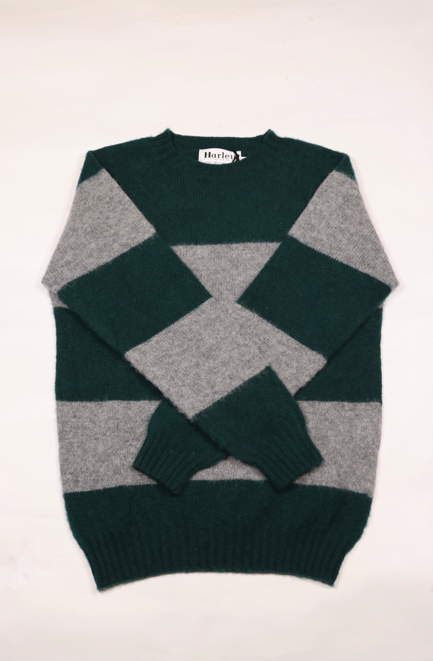 Harley of Scotland- Shaggy Wide-Stripe Crewneck Sweater in Forest Green and Medium Grey
