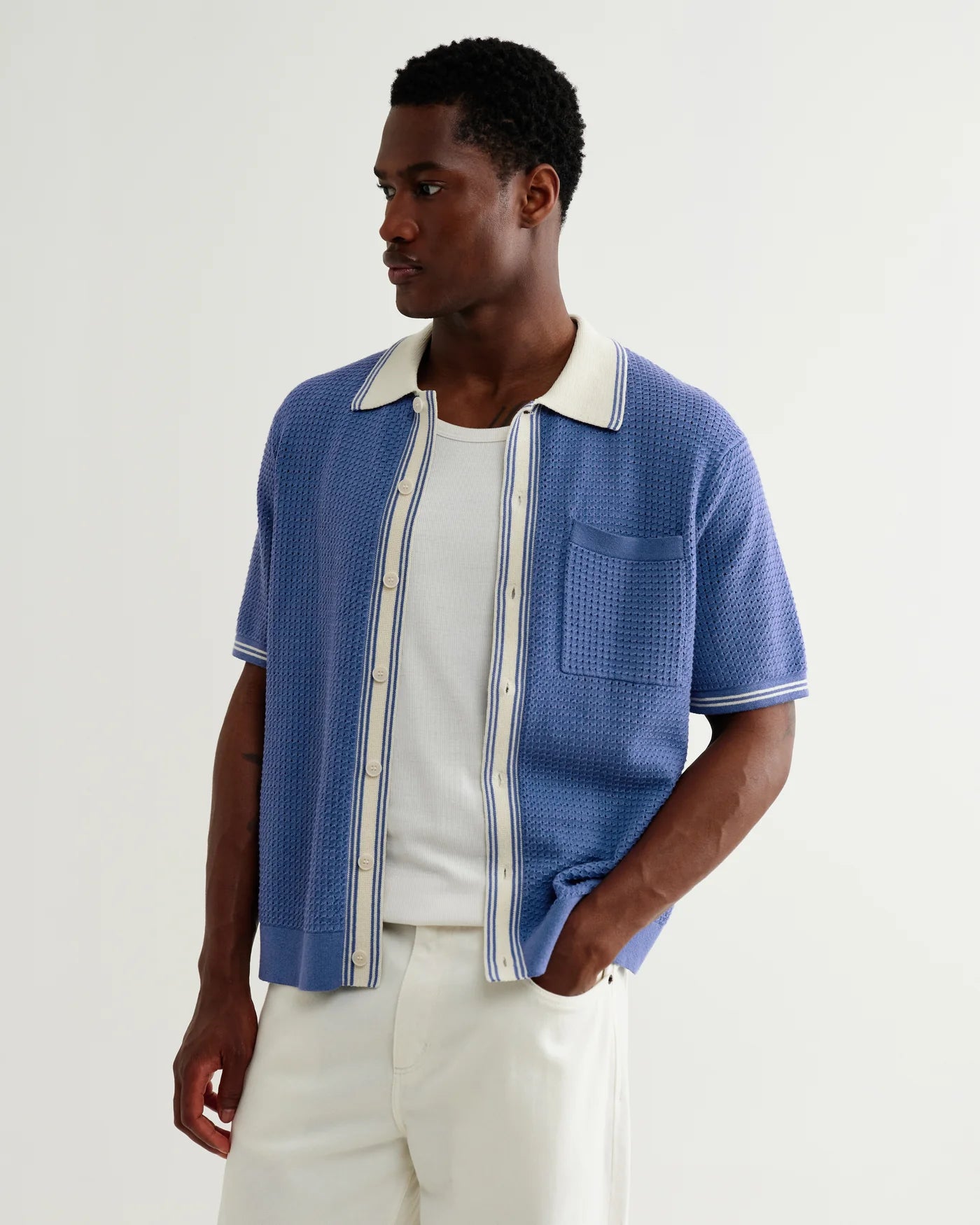 Wax London - Belle Tipped Pointelle Polo Shirt in Blue