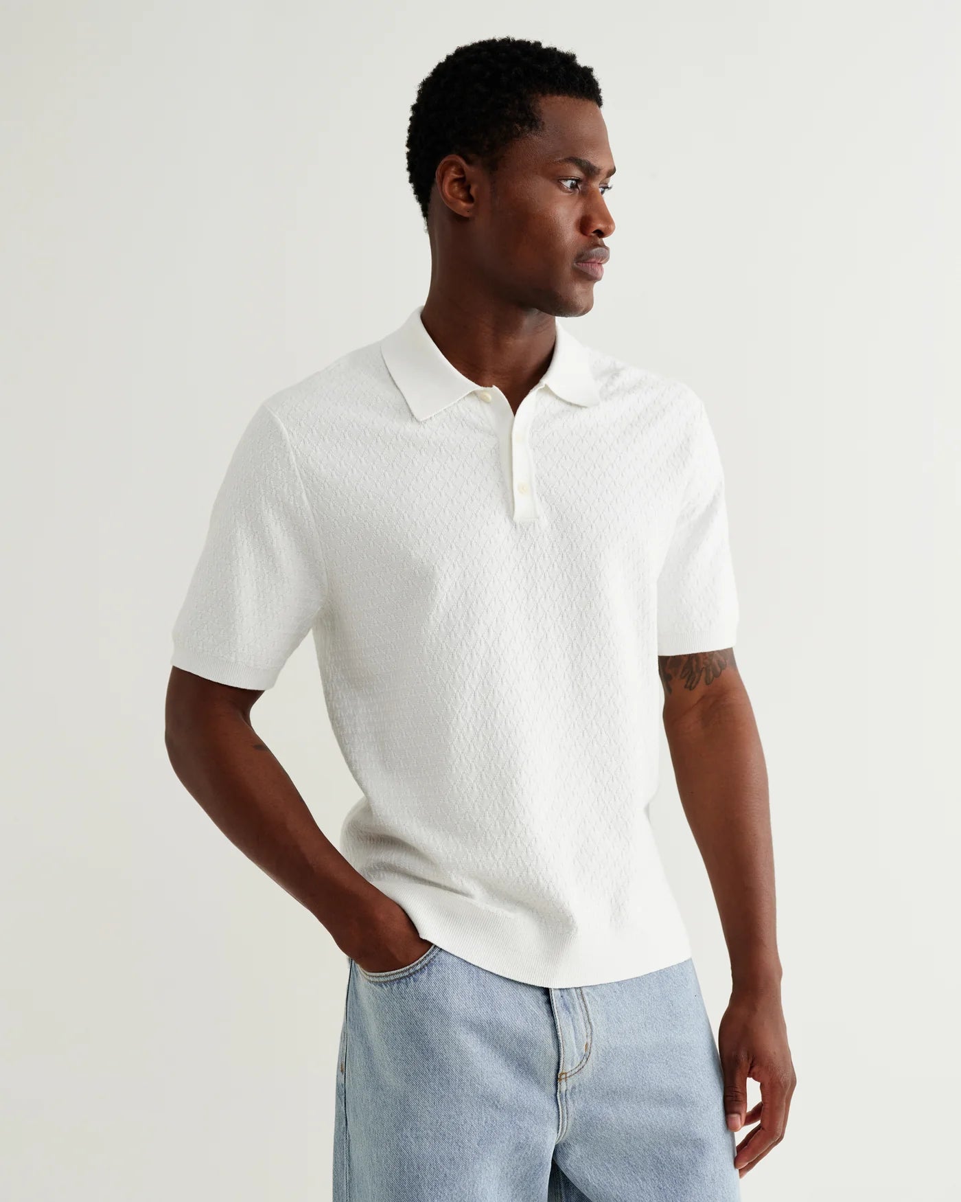 Wax London - Naples Retro Diamond Knitted Polo in Ecru