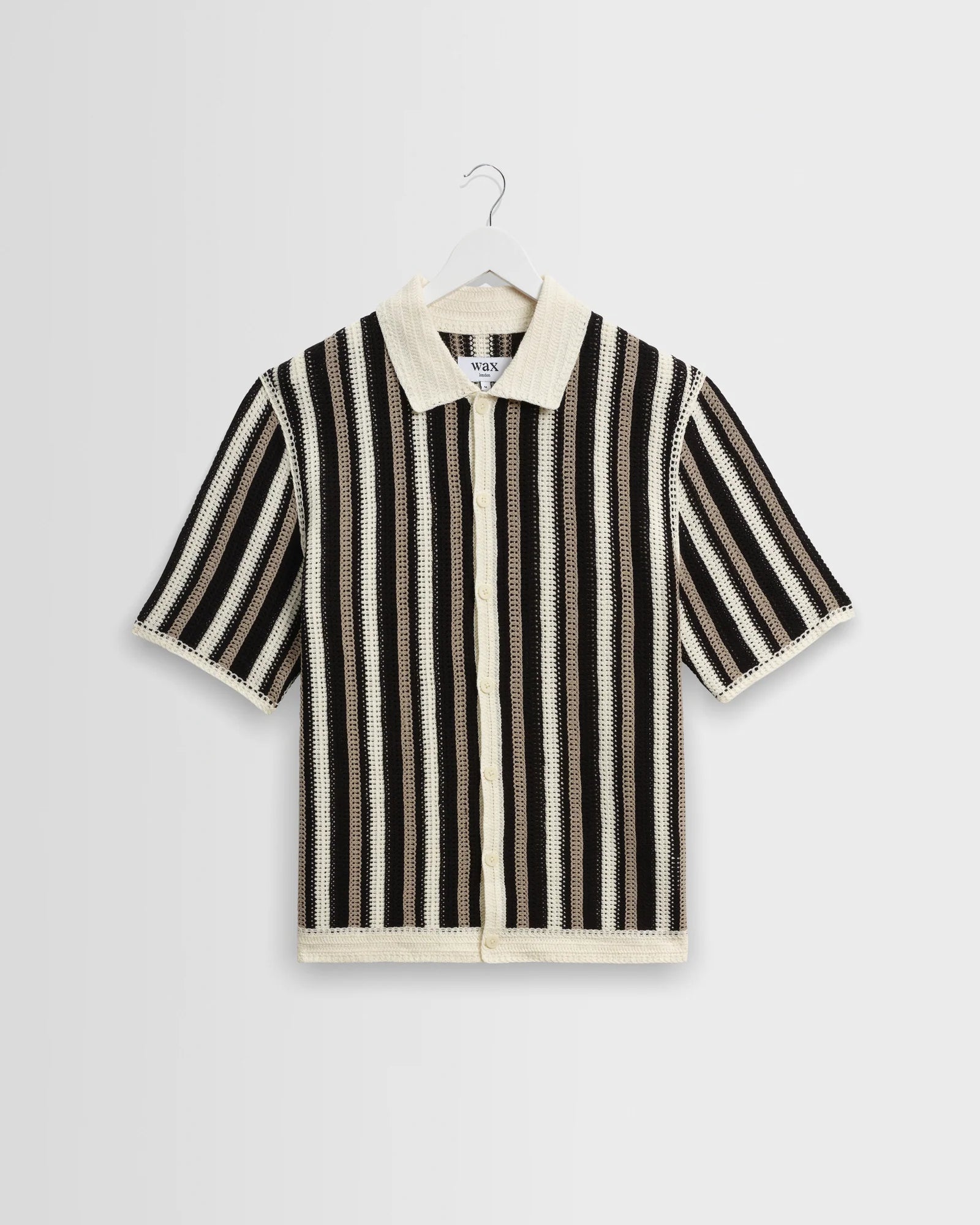 Wax London - Porto Crochet Knitted Shirt in Ecru And Black Stripe