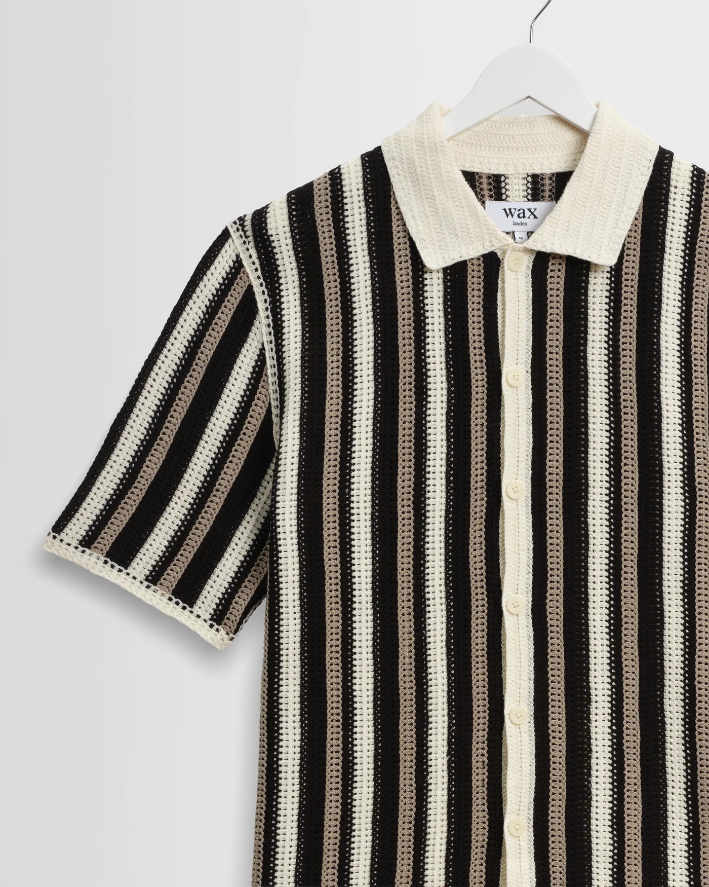 Wax London - Porto Crochet Knitted Shirt in Ecru And Black Stripe