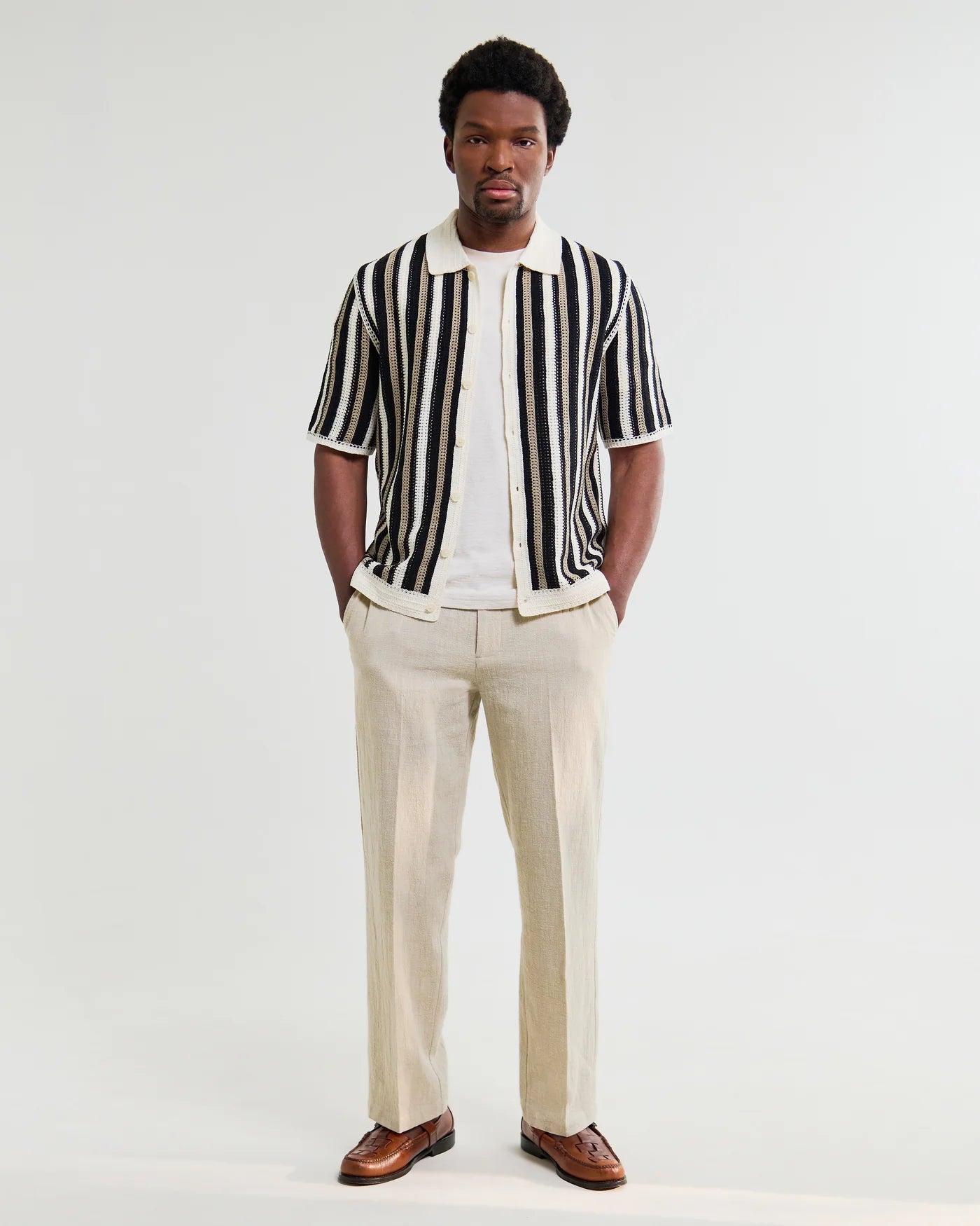 Wax London - Porto Crochet Knitted Shirt in Ecru And Black Stripe