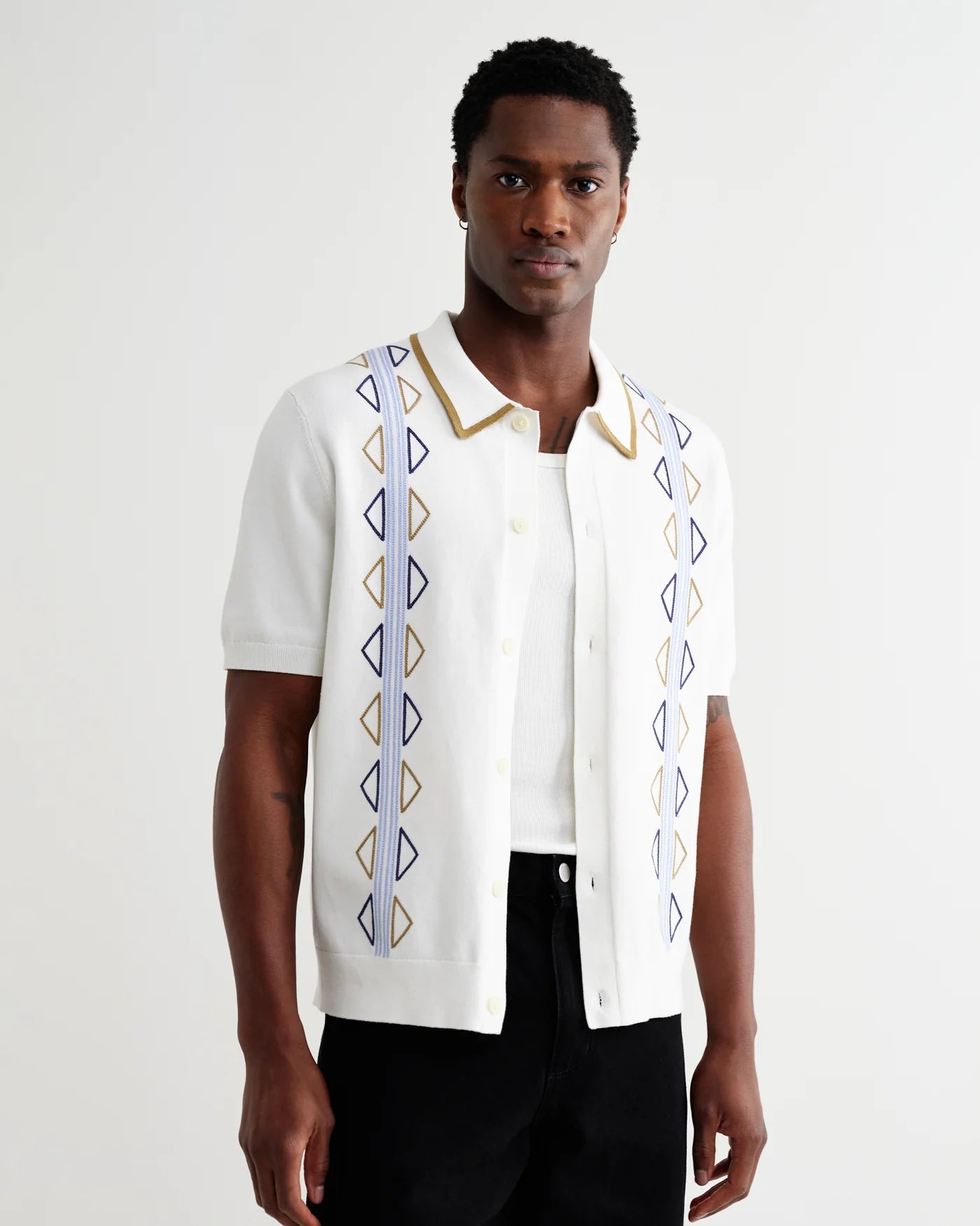 Wax London - Tellaro Retro Embroidered Shirt in Ecru and Blue