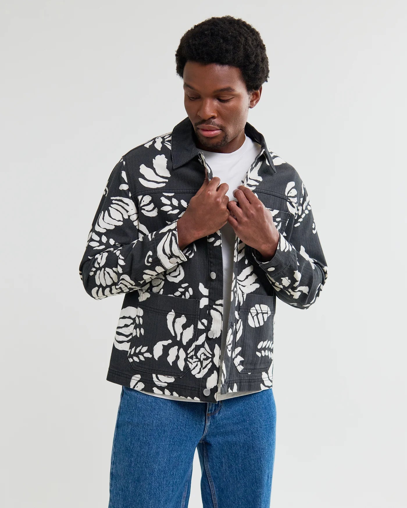 Wax London - Jay Printed Cotton Chore Jacket in Black And Ecru
