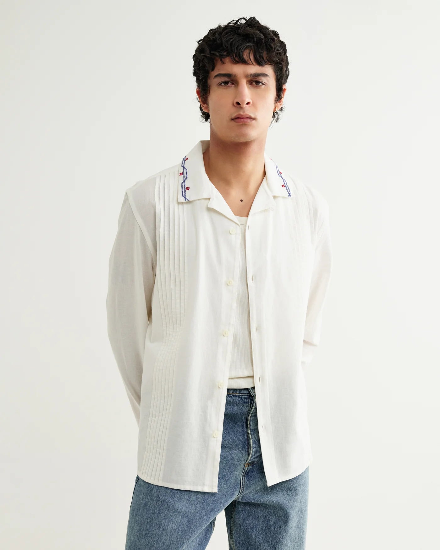 Wax London - Corey Pintuck Border Cotton-Linen Shirt in Ecru