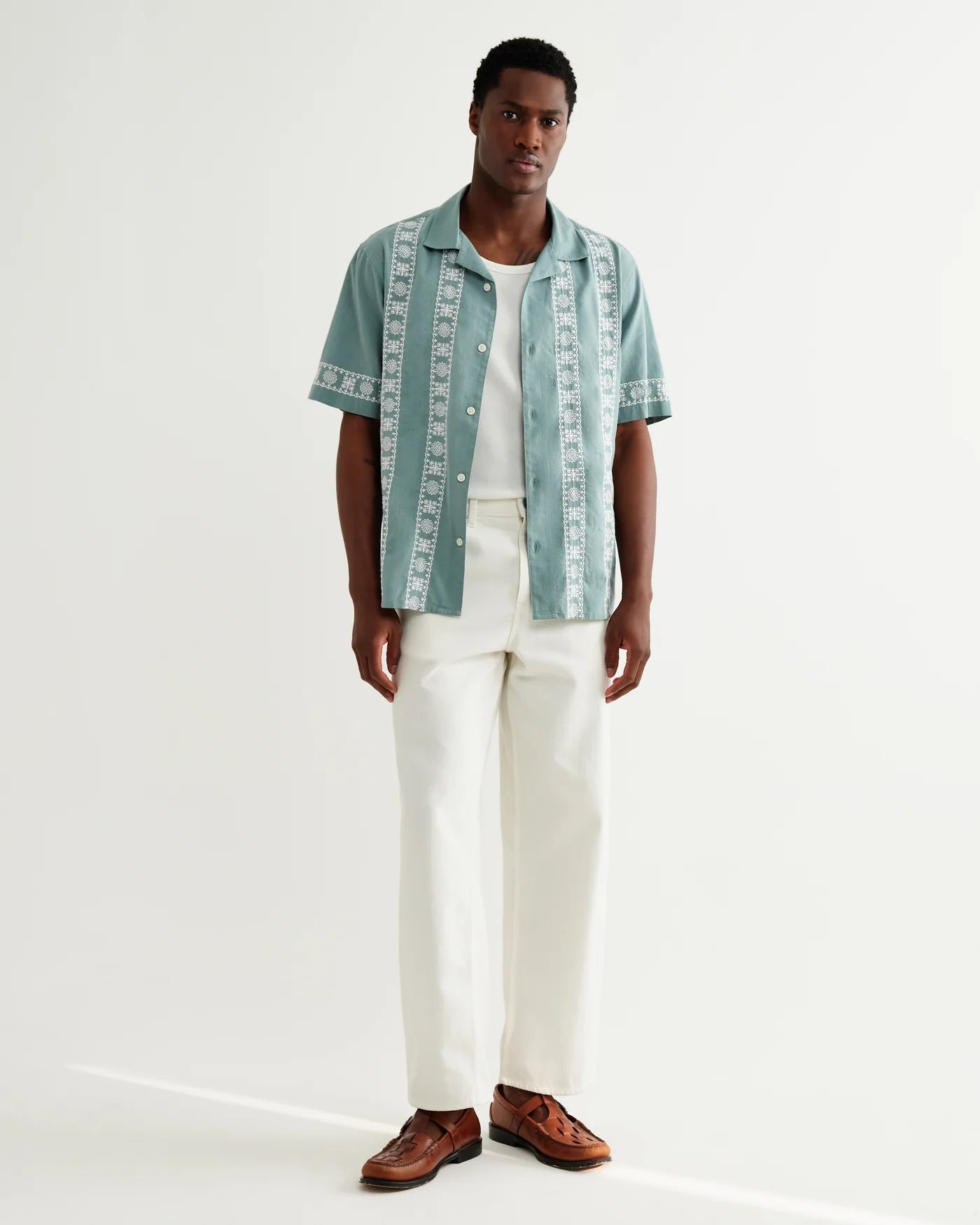 Wax London - Didcot Embroidered Short-Sleeve Shirt in Sea Green And Ecru