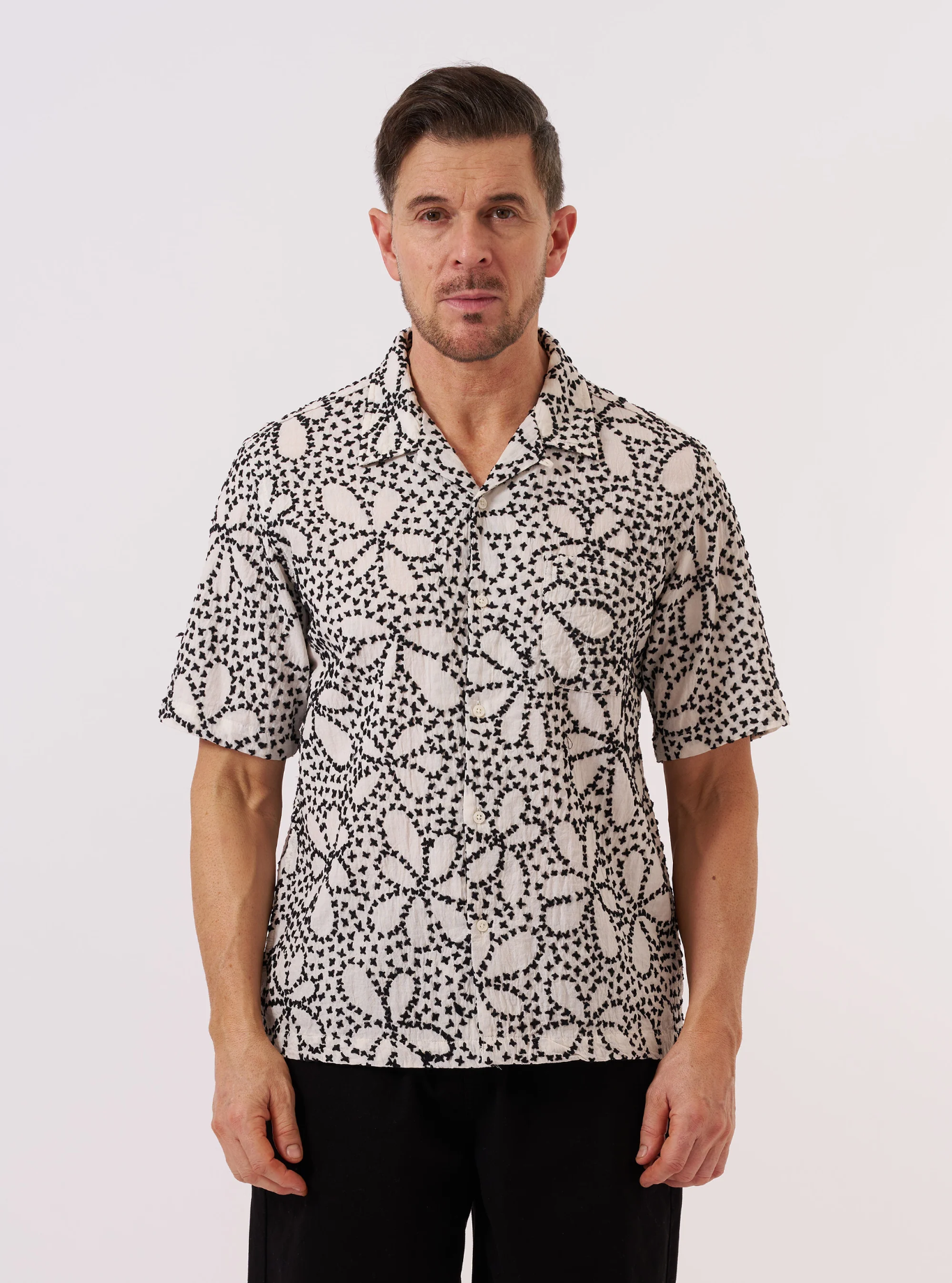 Universal Works - Road Shirt in Ecru/Black Kantha Flower