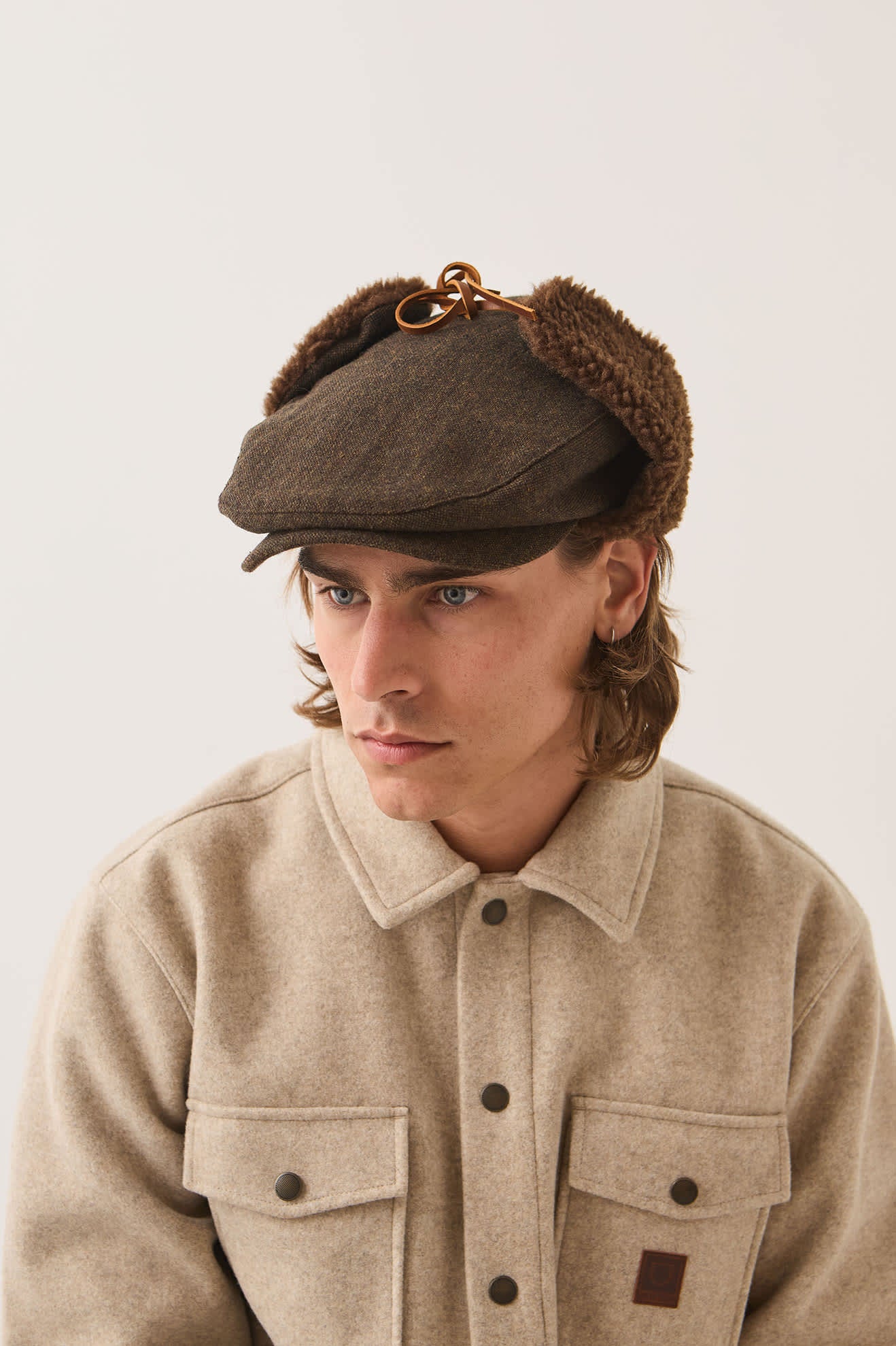 Brixton - Barrel Earflap Snap Cap in Brown Tweed