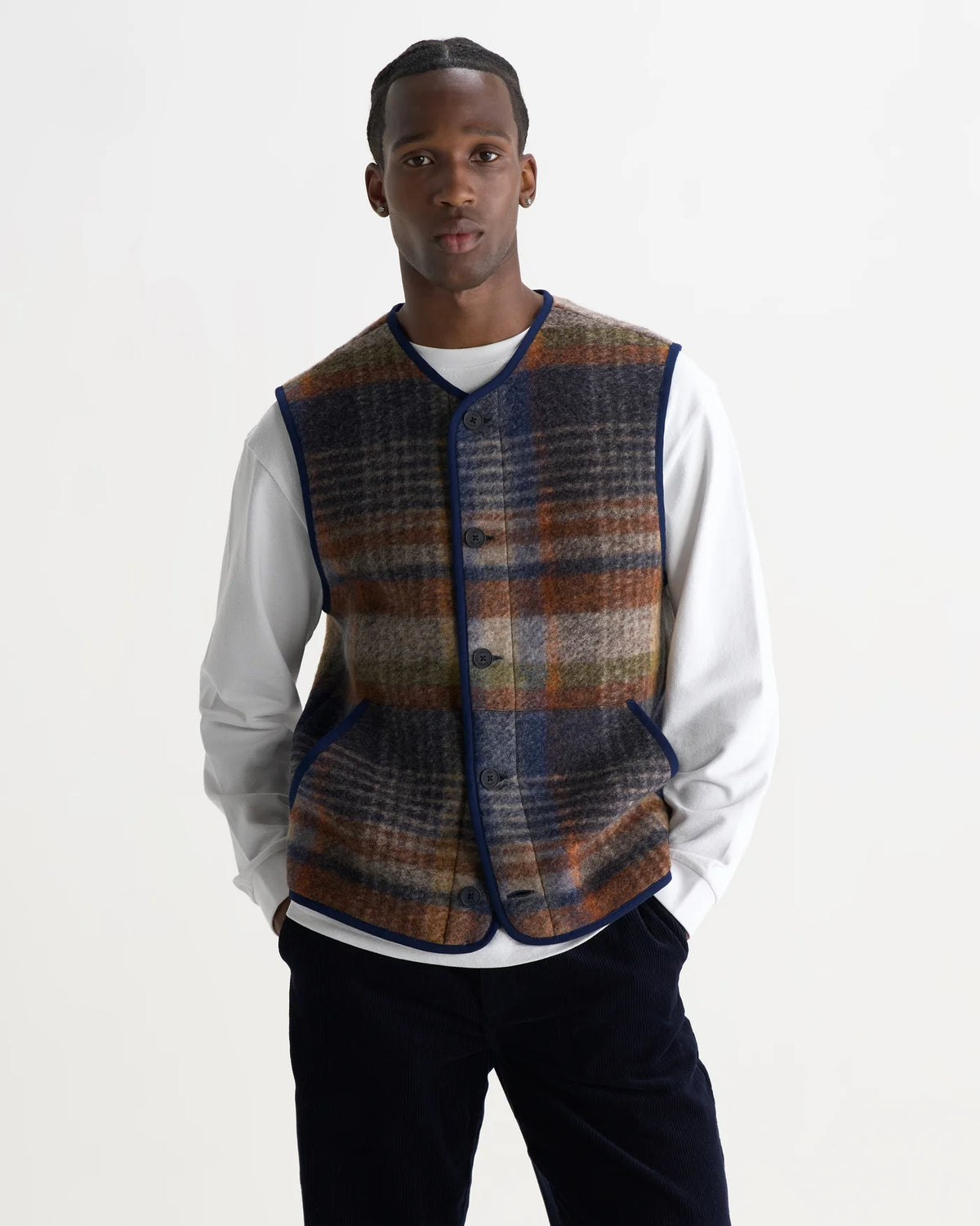 Wax London - Gower Gilet in Oatmeal And Multicolour Check Wool