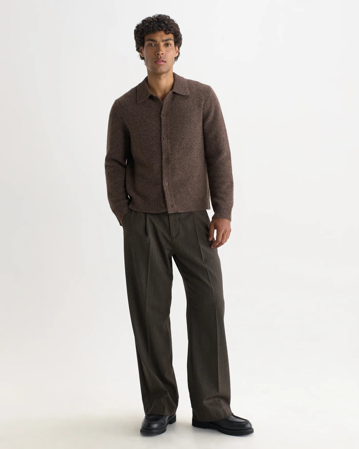 Wax London - Tristan Fluffy Long-Sleeve Knitted Polo in Chocolate Brown