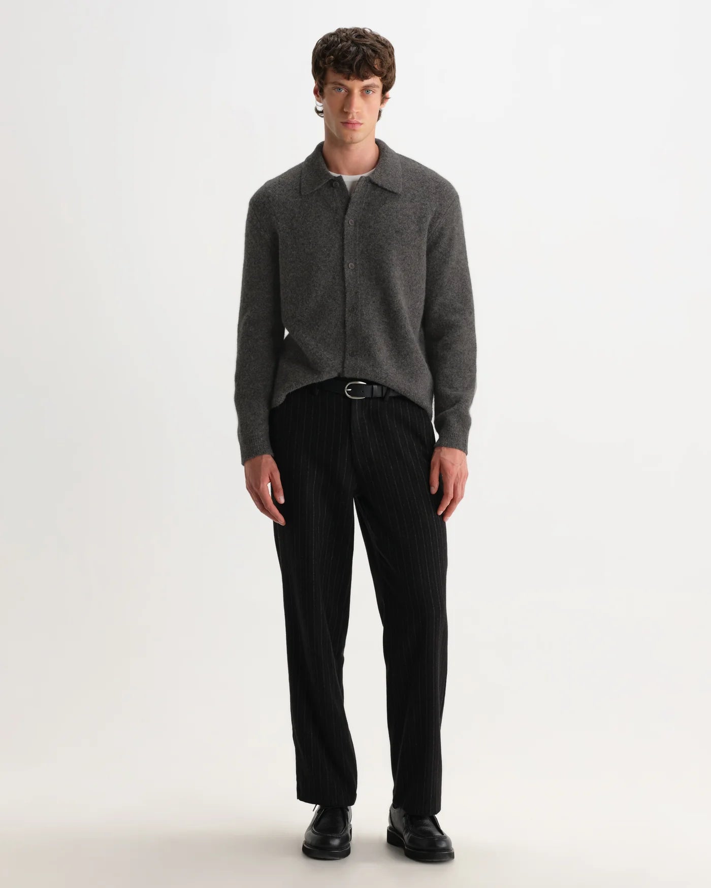 Wax London - Tristan Fluffy Long-Sleeve Knitted Polo in Charcoal