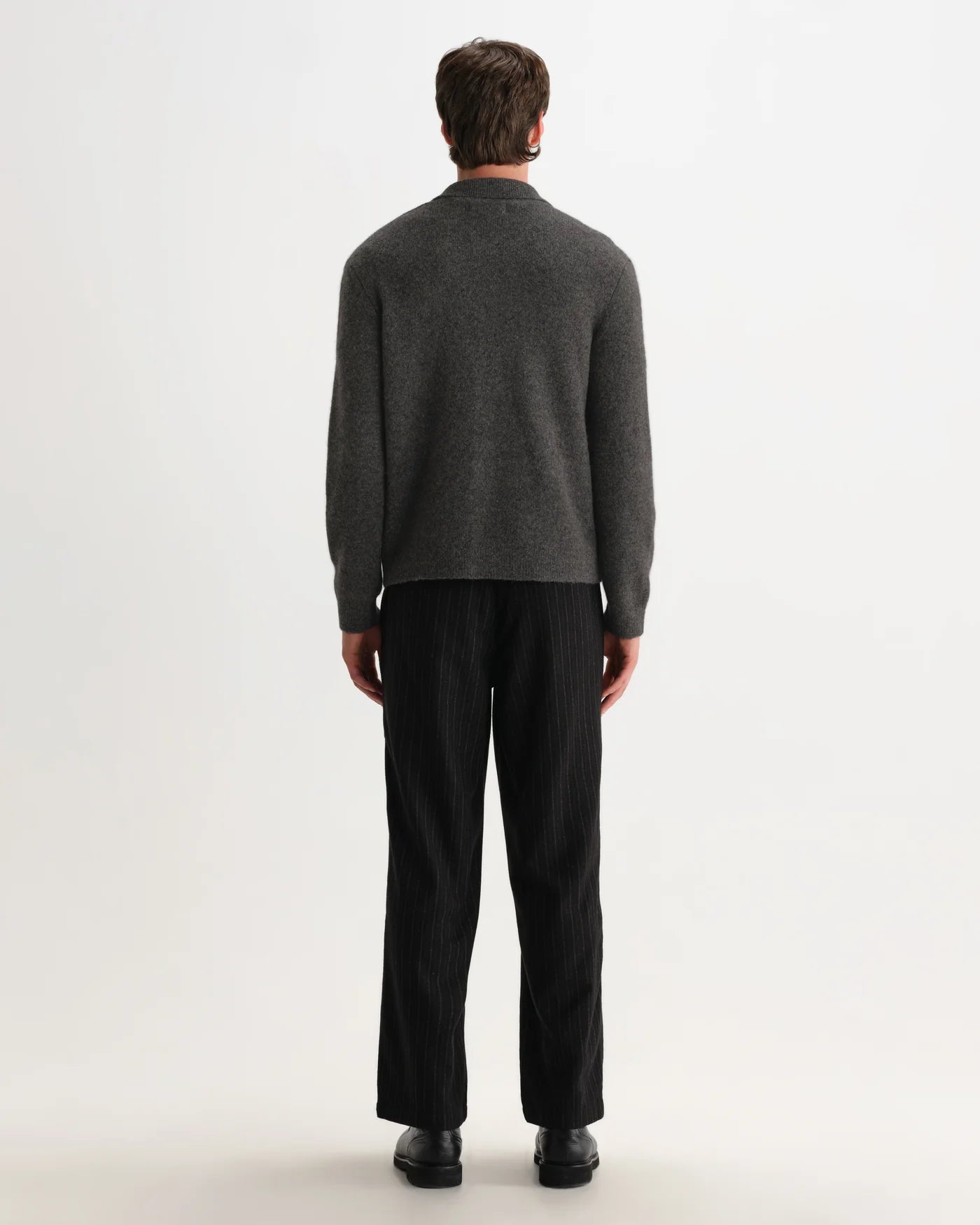 Wax London - Tristan Fluffy Long-Sleeve Knitted Polo in Charcoal
