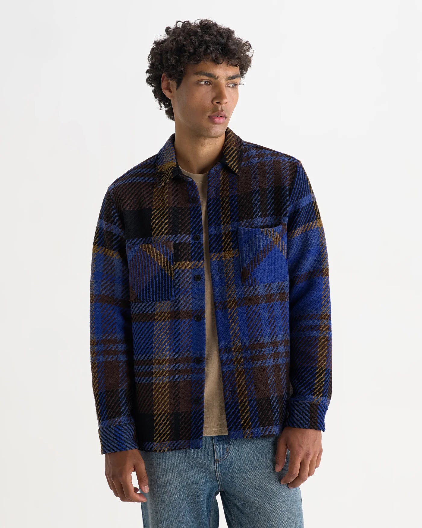 Wax London - Whiting Overshirt in Blue And Brown Bold Check