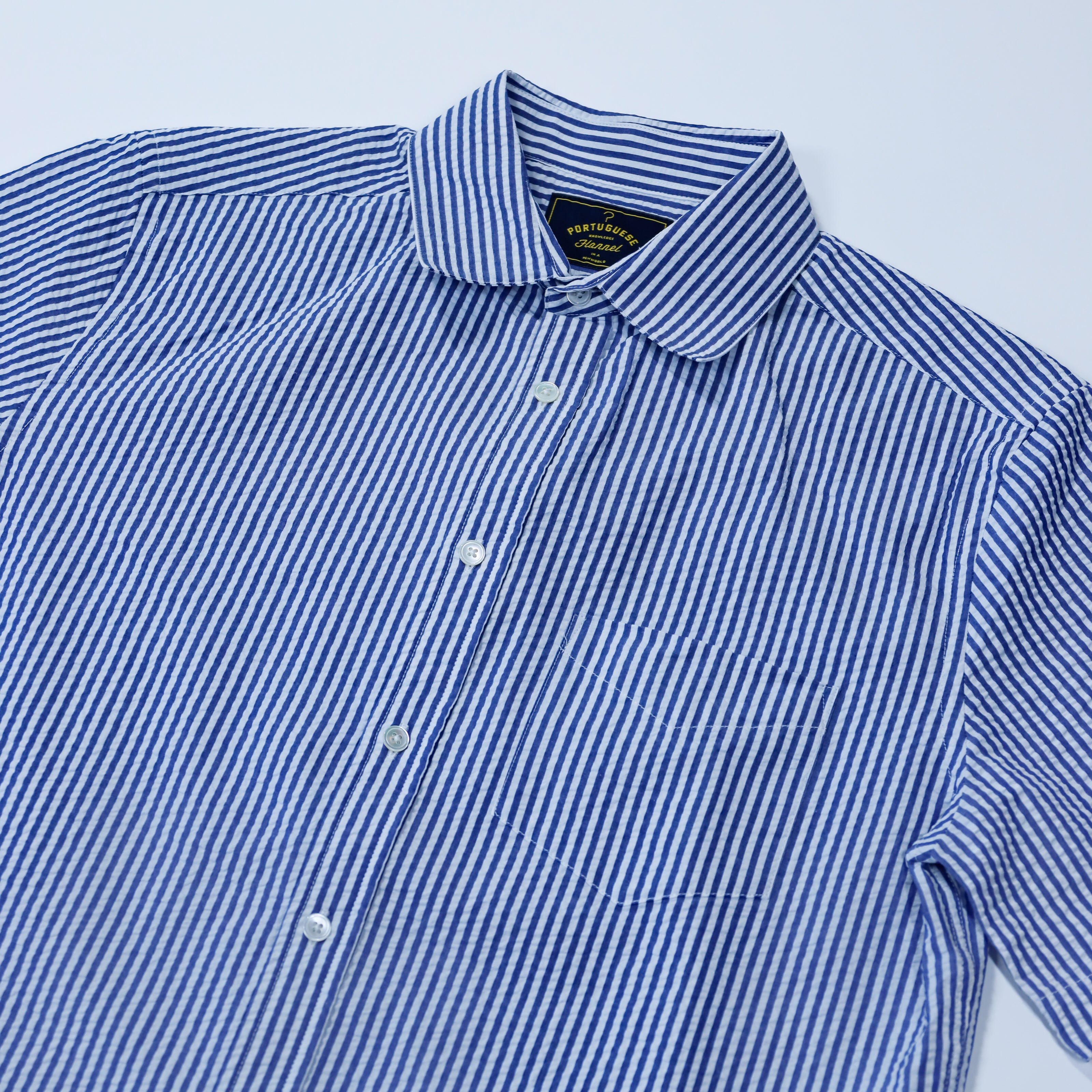 Portuguese Flannel - Atlantico Short Sleeve in Blue Stripe Seersucker