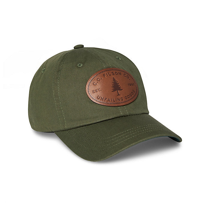 Filson Lightweight Angler Cap Dark Forest Evergreen leather patch