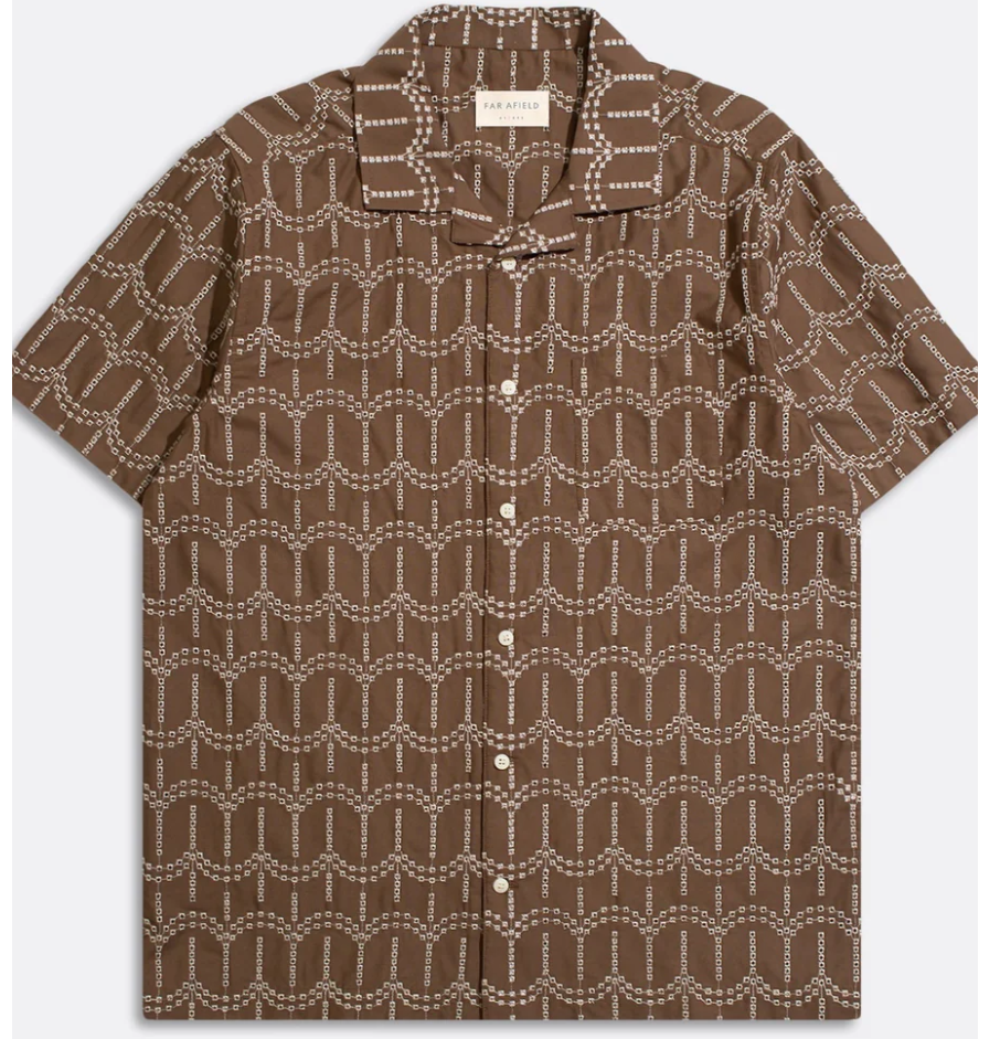 Far Afield- Stachio S/S Shirt in Palm Tree Dobby Dark Brown