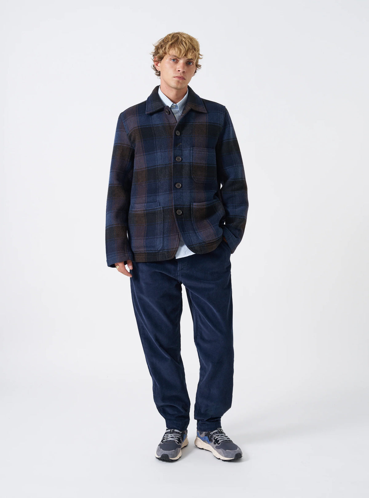 Universal Works - OG Bakers Chore Berlin Wool Jacket in Navy/Brown