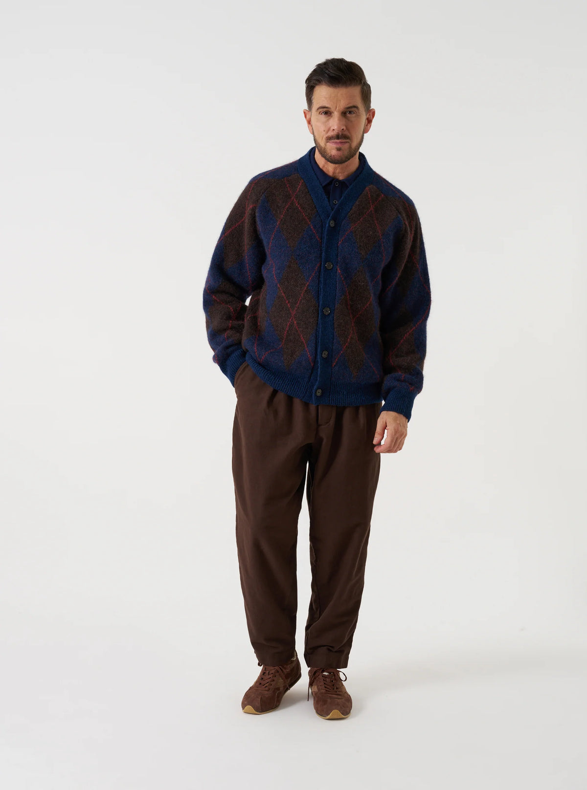 Universal Works - David Cardigan Alpaca Argyle in Navy