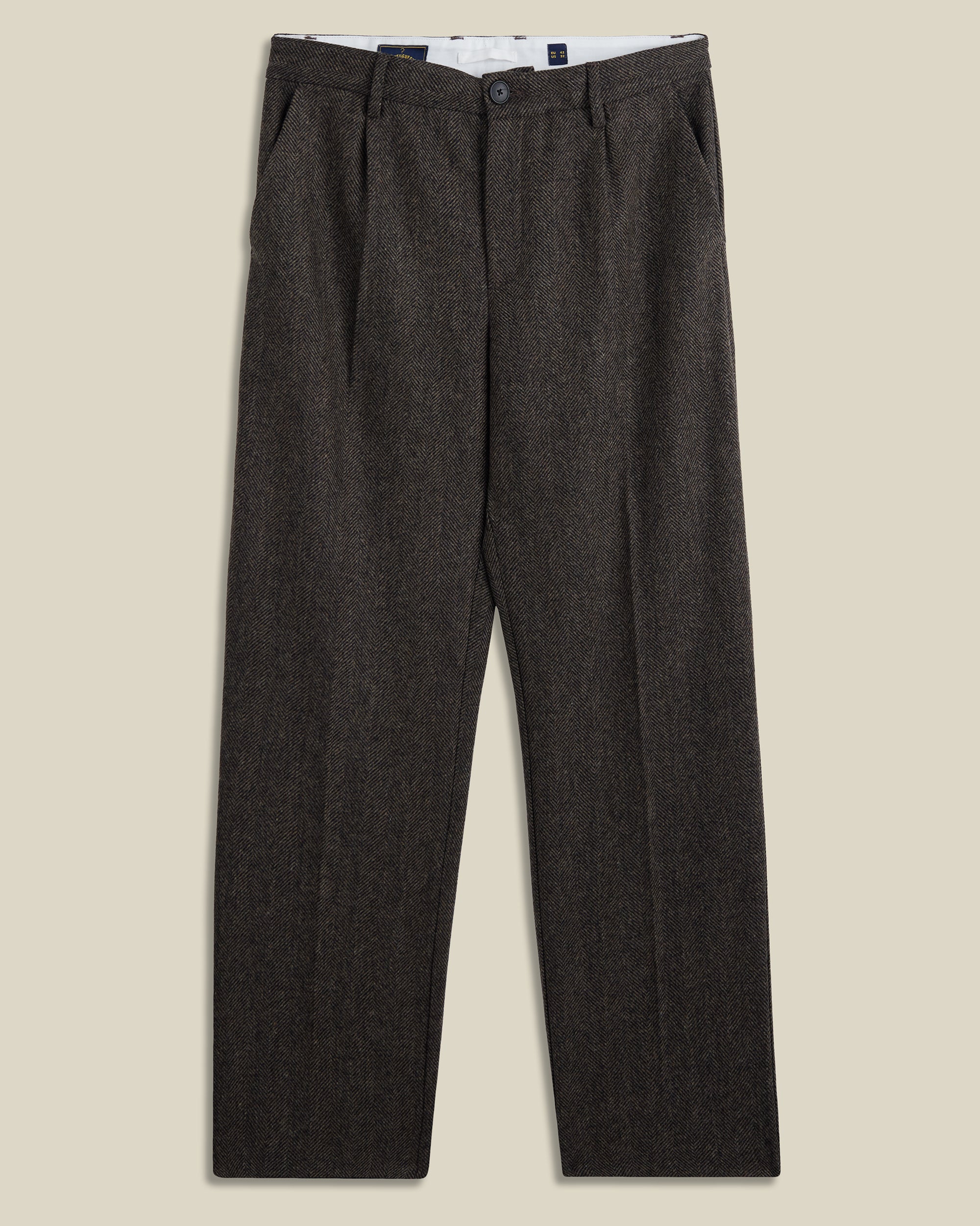 Portuguese Flannel - Single Pleat Trouser in Brown Wool Herringbone