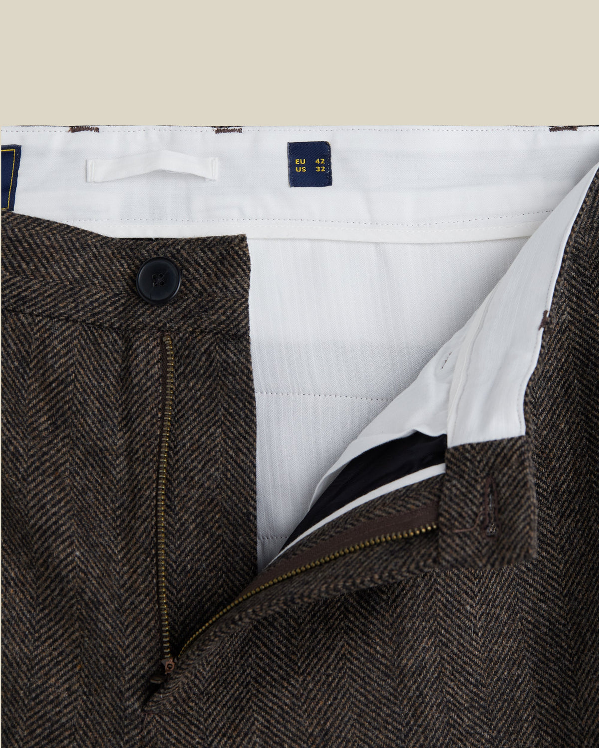 Portuguese Flannel - Single Pleat Trouser in Brown Wool Herringbone