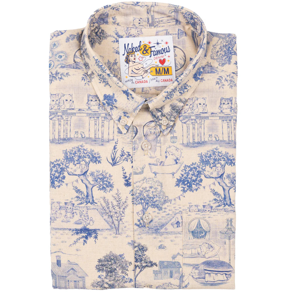 Naked & Famous - Easy Shirt: Linen Cats in Blue