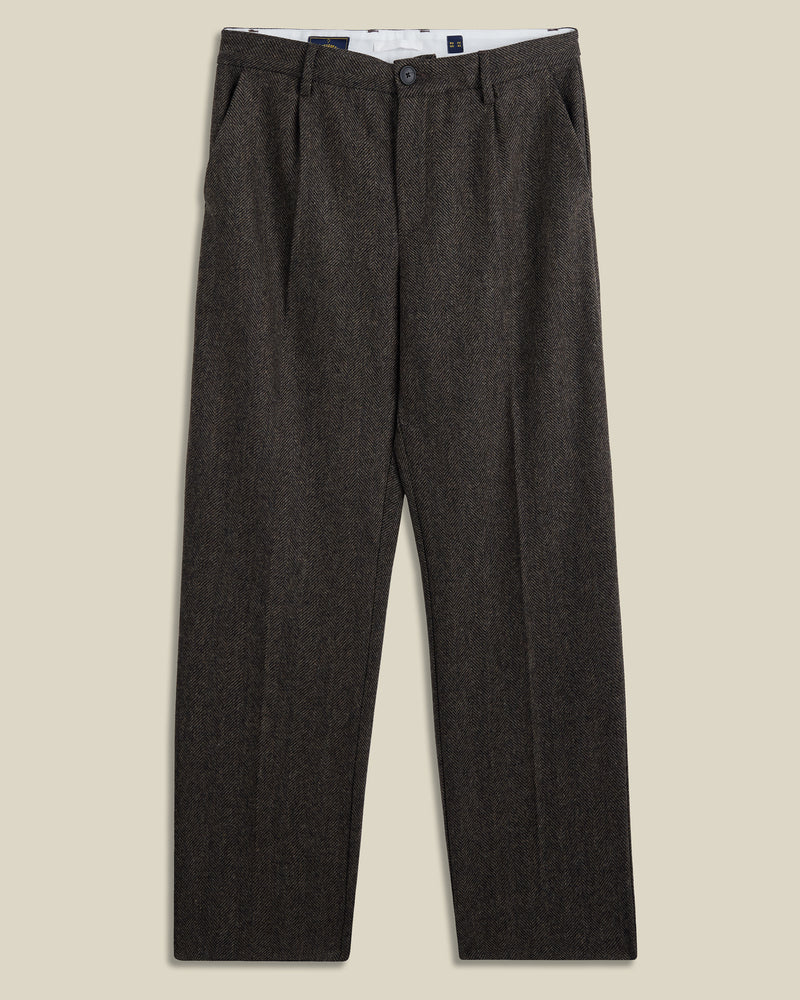 Portuguese Flannel - Wool Herringbone Single Pleat Trousers in Brown