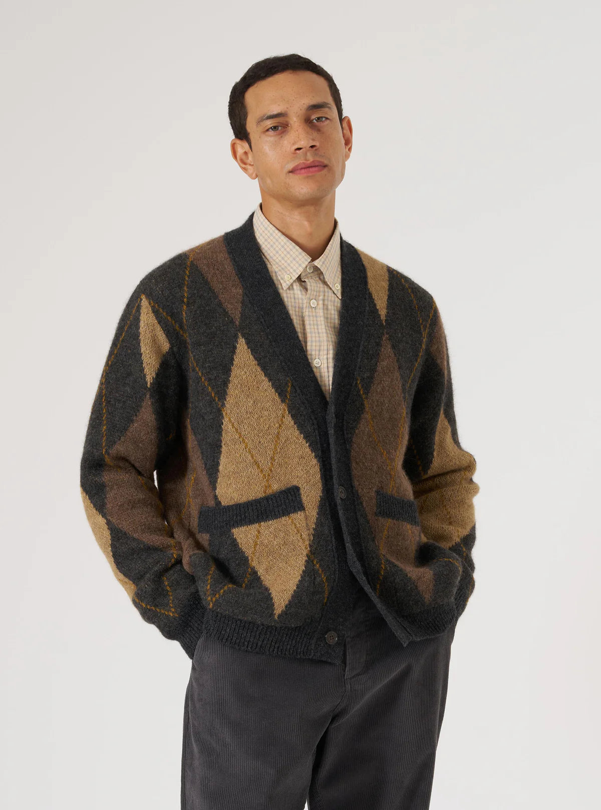 Universal Works - Langdale Argyll Cardigan in Brown Alpaca Knit