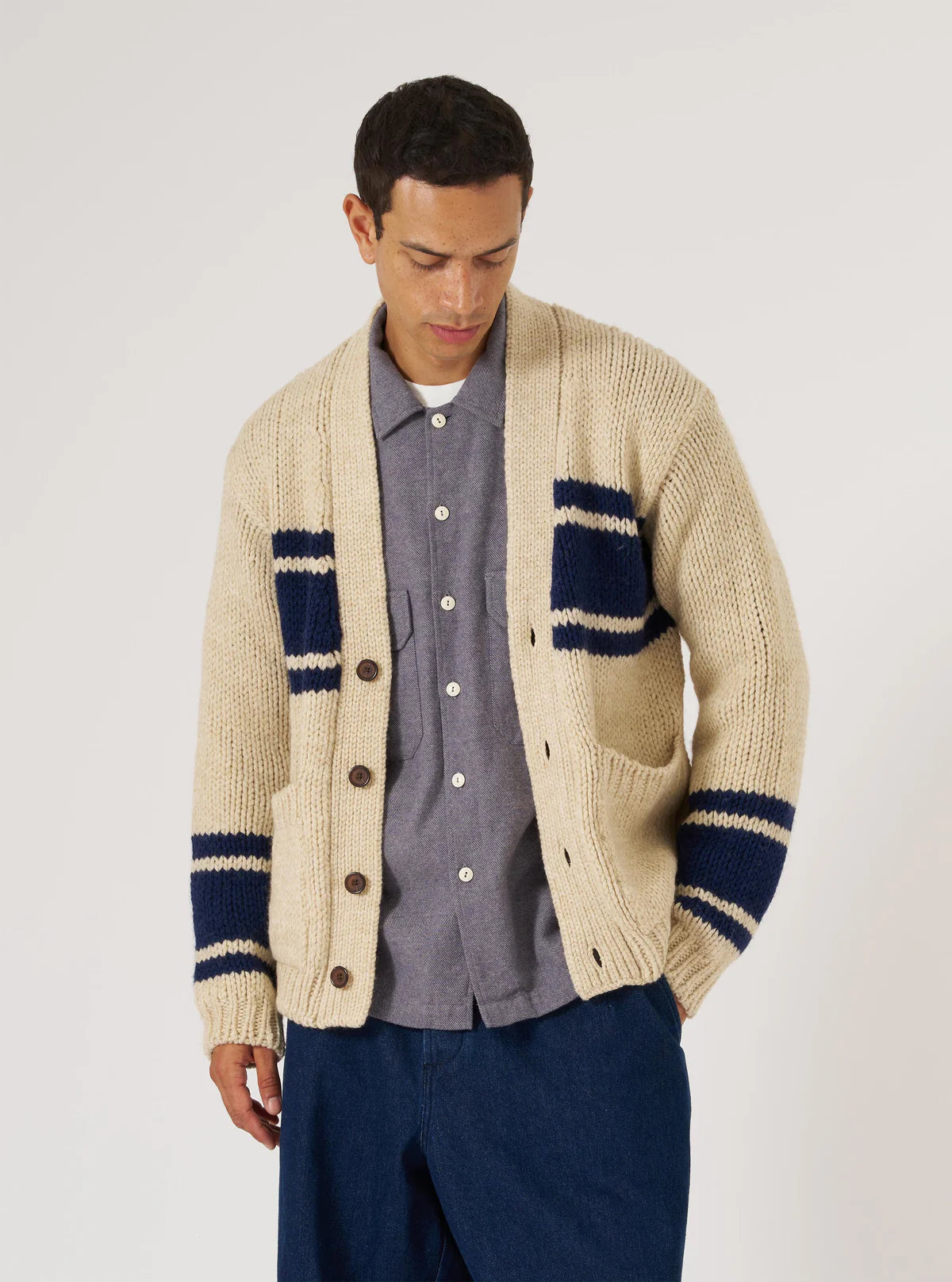 Universal Works - Langdale Cardigan Sand Chunky Knit Stripe