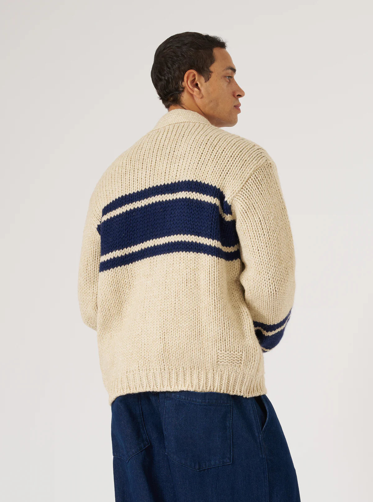 Universal Works - Langdale Cardigan Sand Chunky Knit Stripe