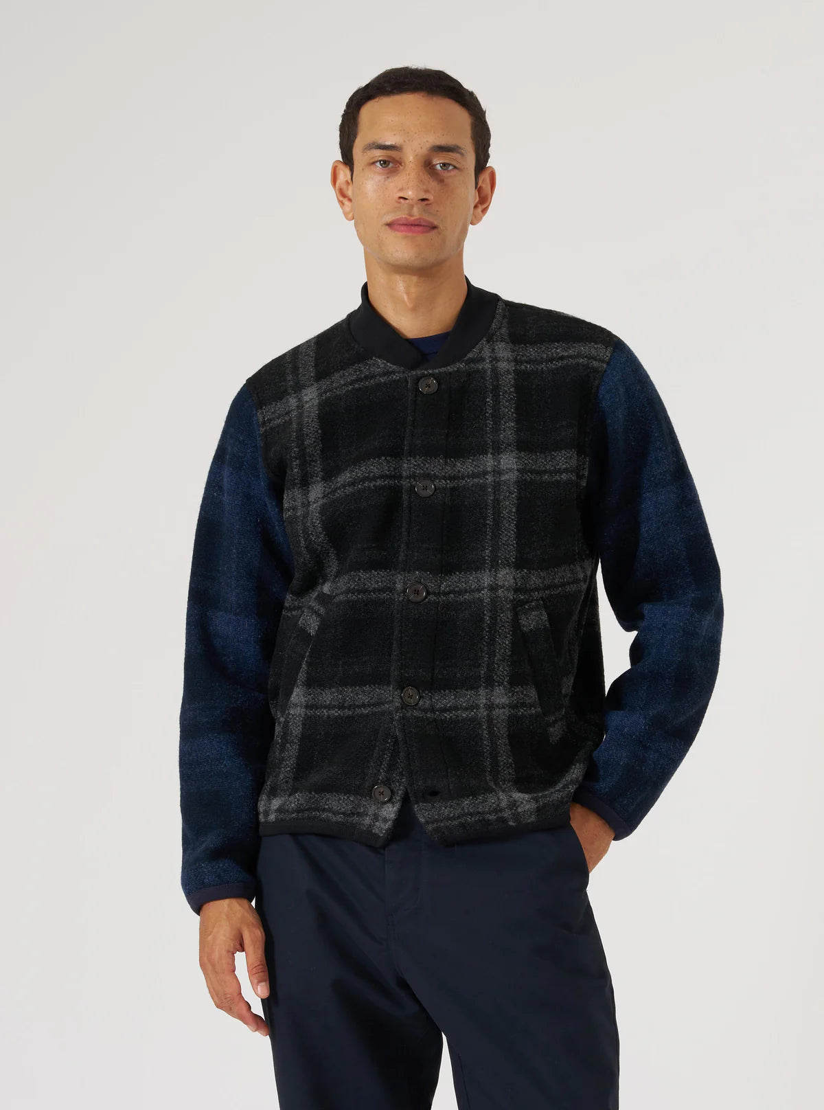 Universal Works - Button Front Bomber in Grey Moh Check Fleece