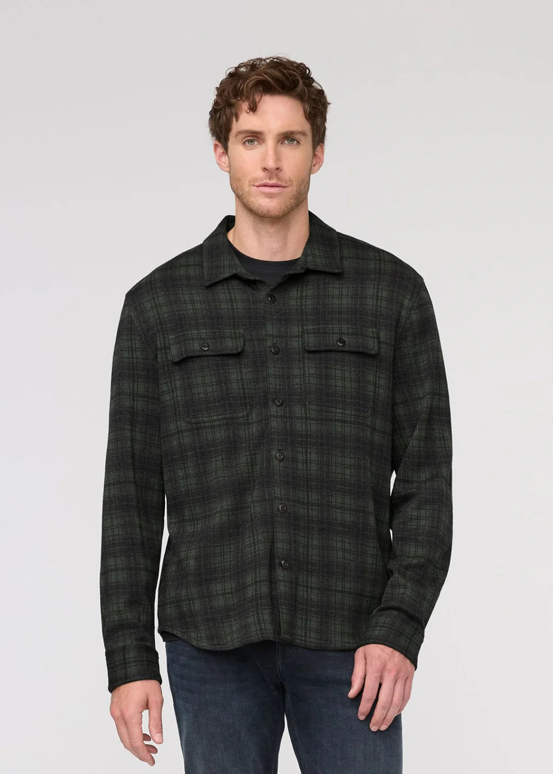 DUER - Performance Flannel Button Down in Heather Peat Plaid