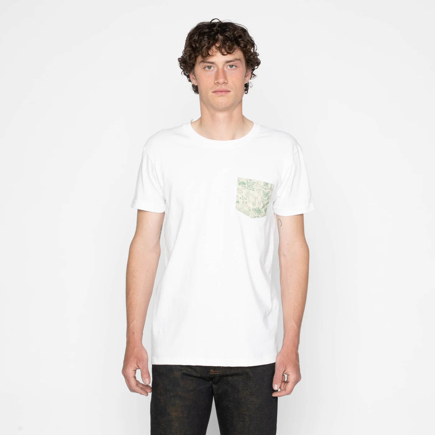 Naked & Famous - Pocket Tee in White + Linen Animals
