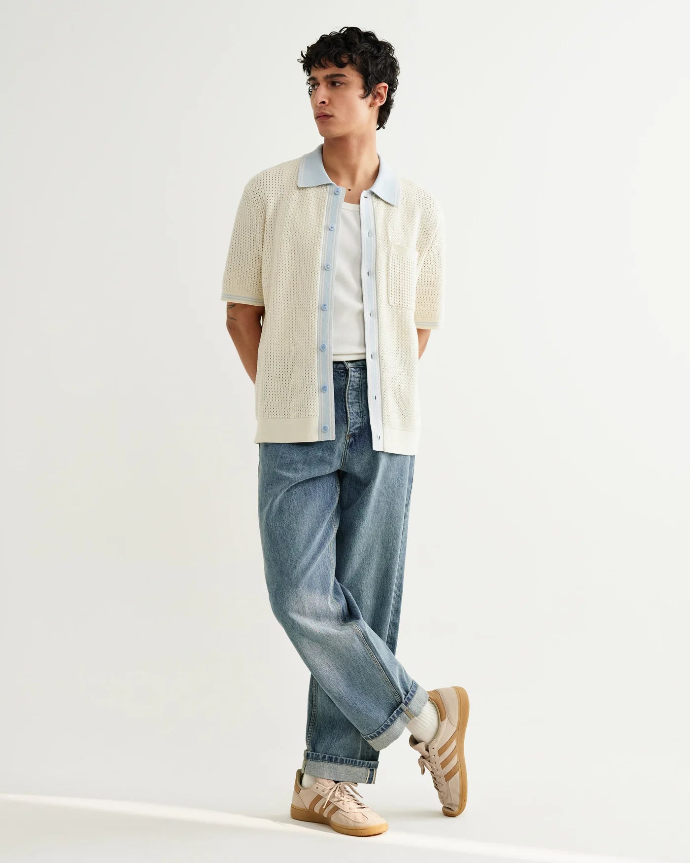 Wax London - Belle Tipped Pointelle Polo Shirt in Ecru