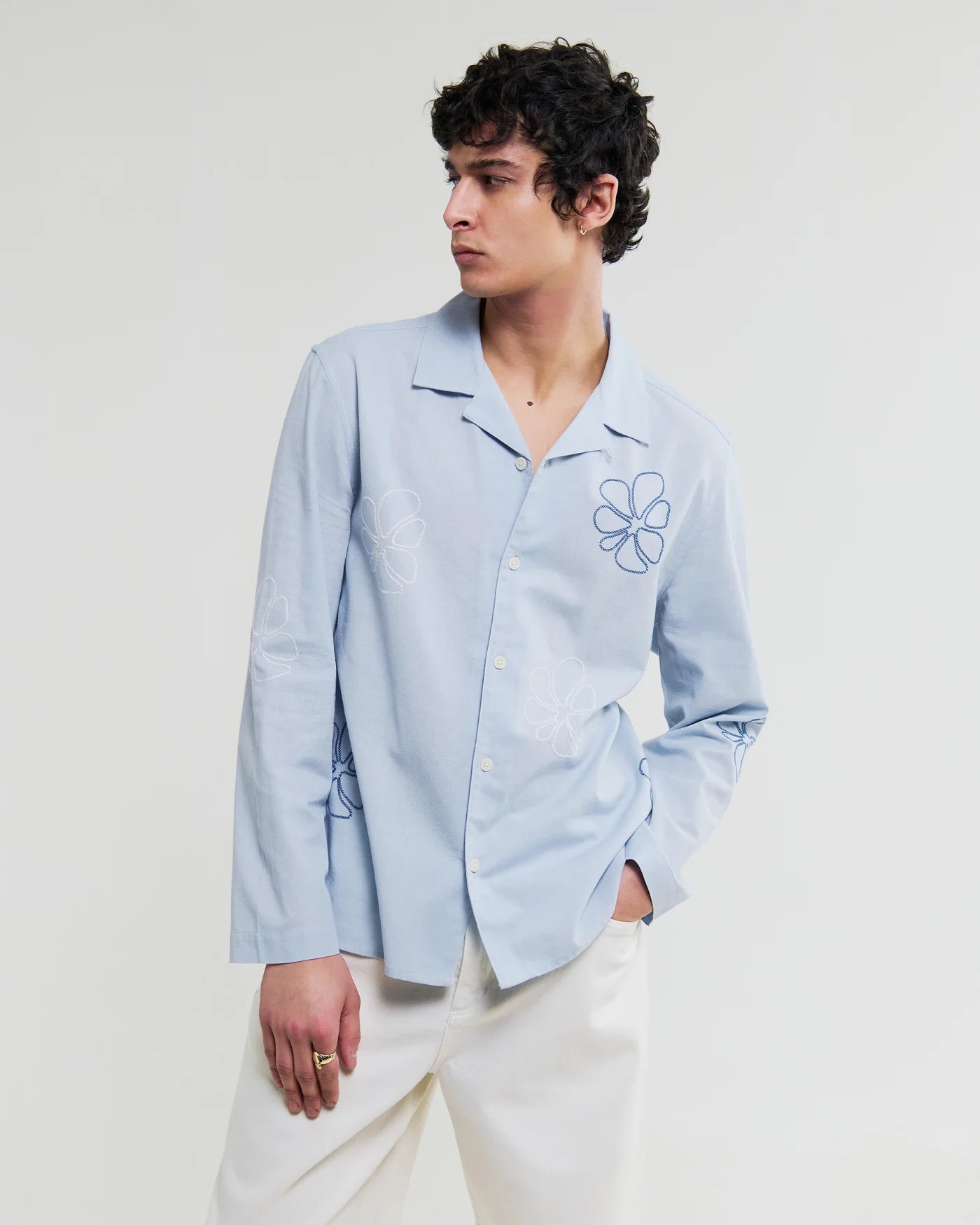 Wax London - Corey Cross Stitch Doodle Cotton-Linen Shirt in Blue